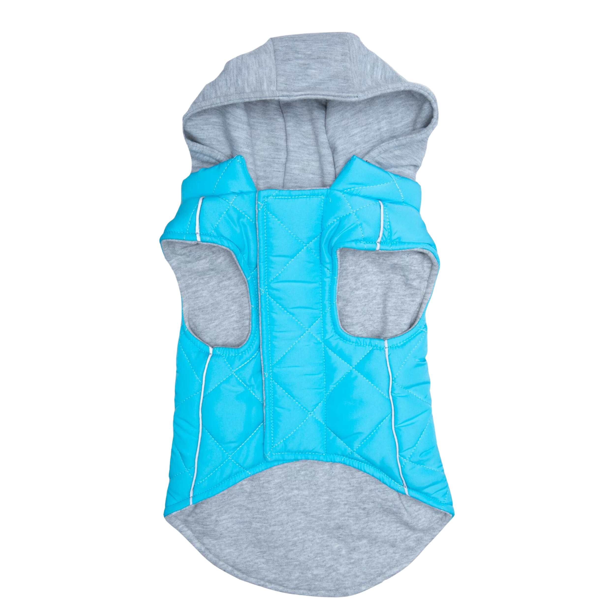 Blue and gray quilted dog coat on a white background
