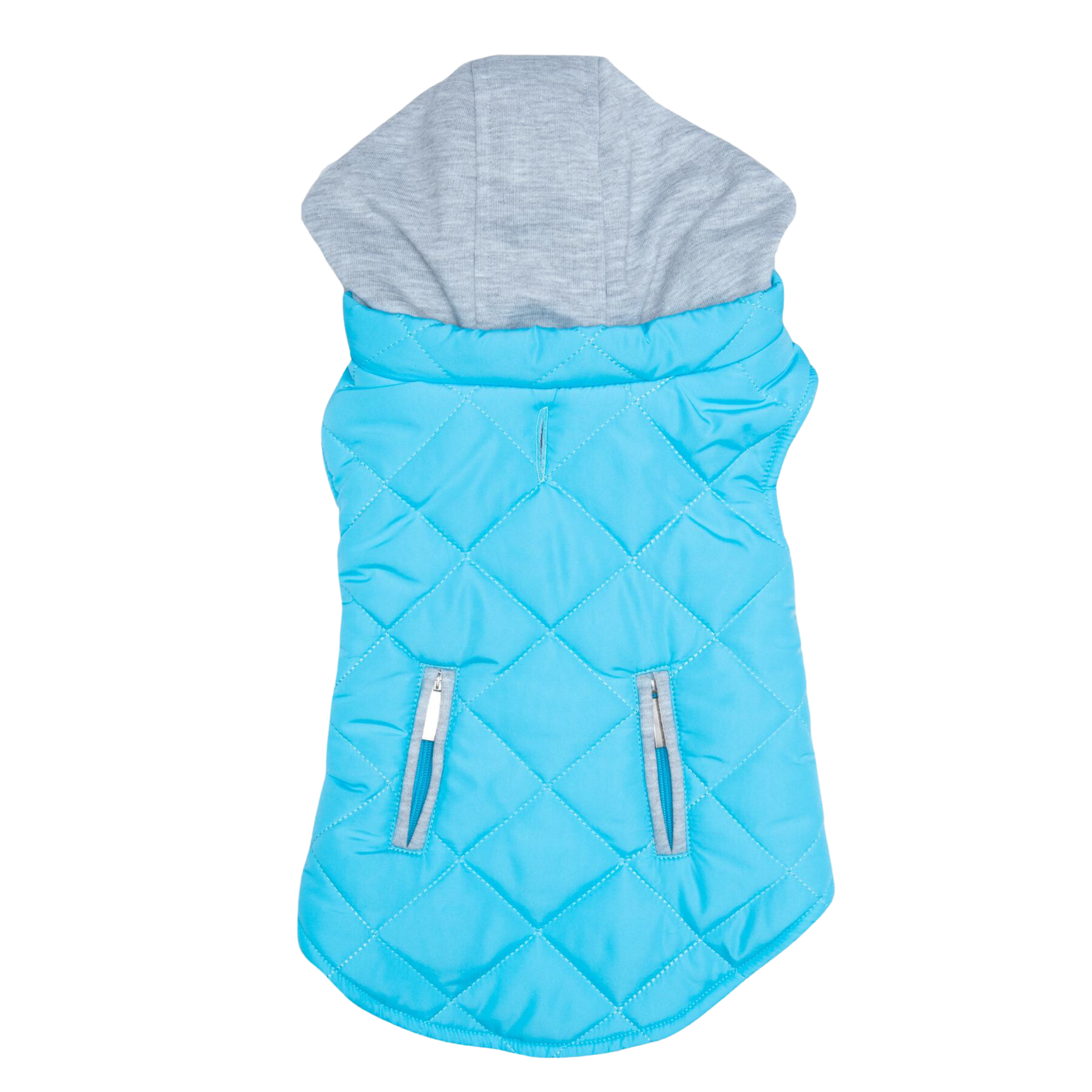 Blue quilted dog coat with gray hood on a white background