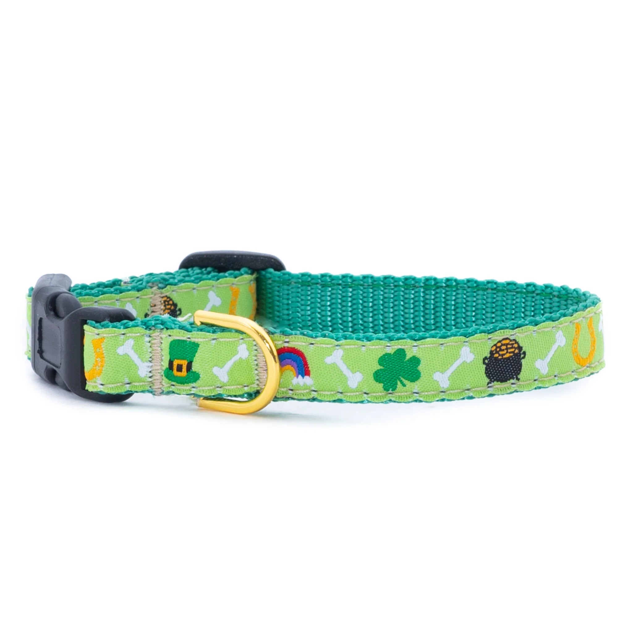 Green dog collar with St. Patrick's Day-themed designs on a white background
