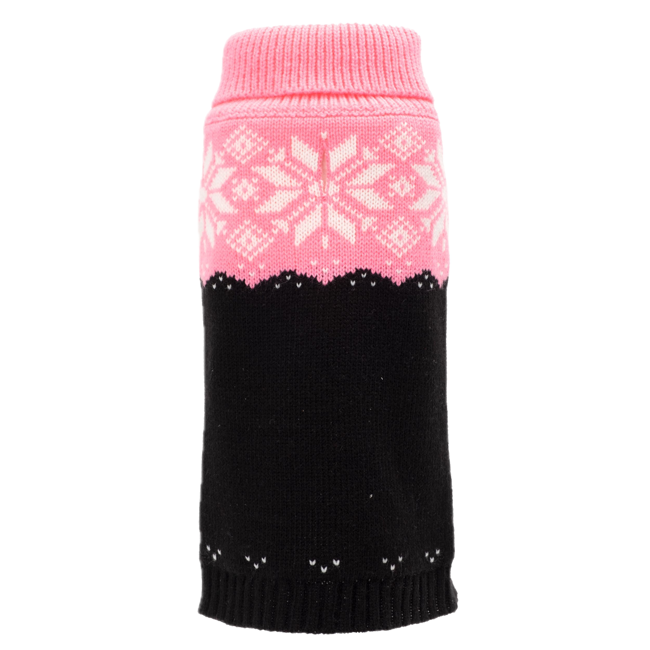 Knitted dog sweater with pink and black pattern on a white background