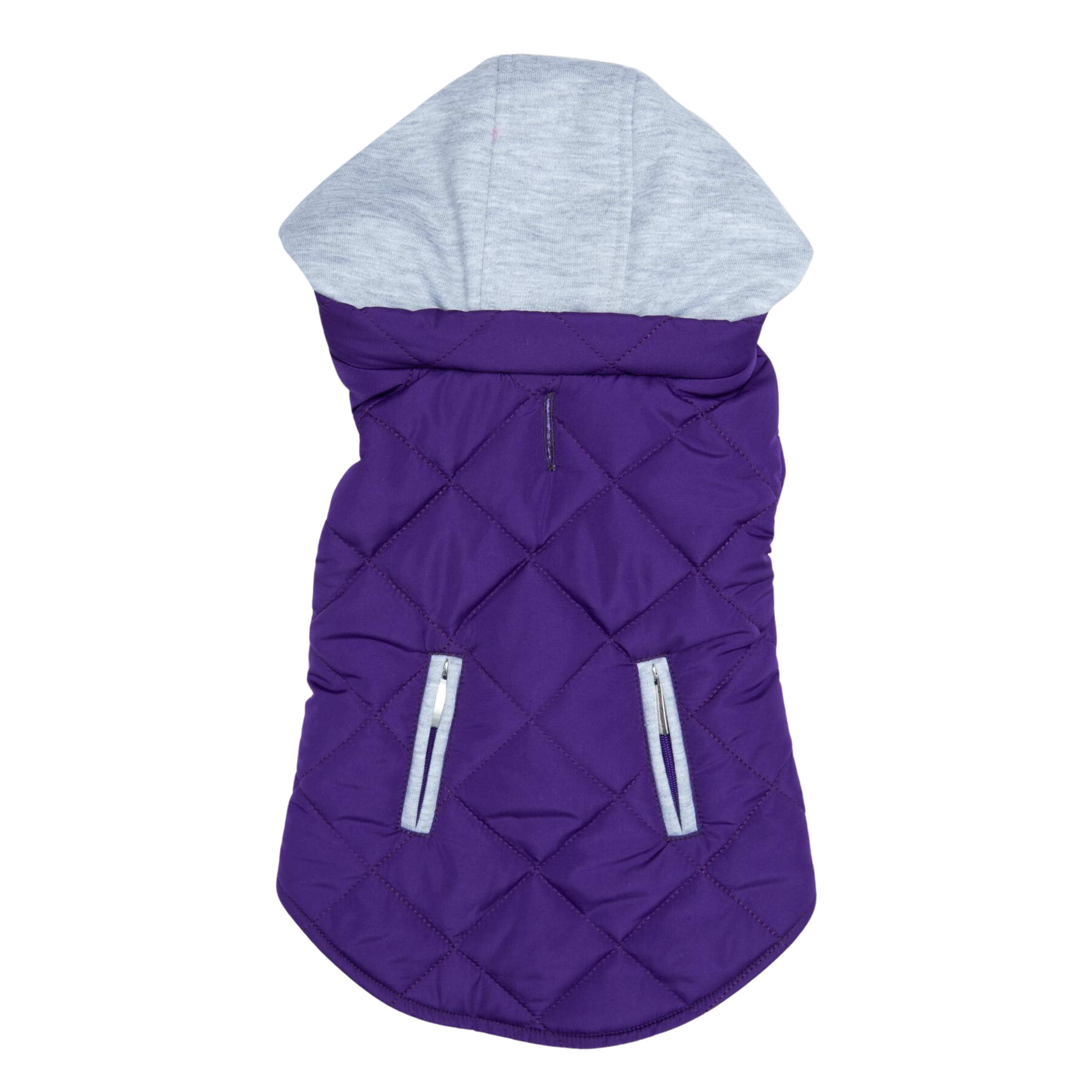 Purple quilted dog coat with gray hood on a white background