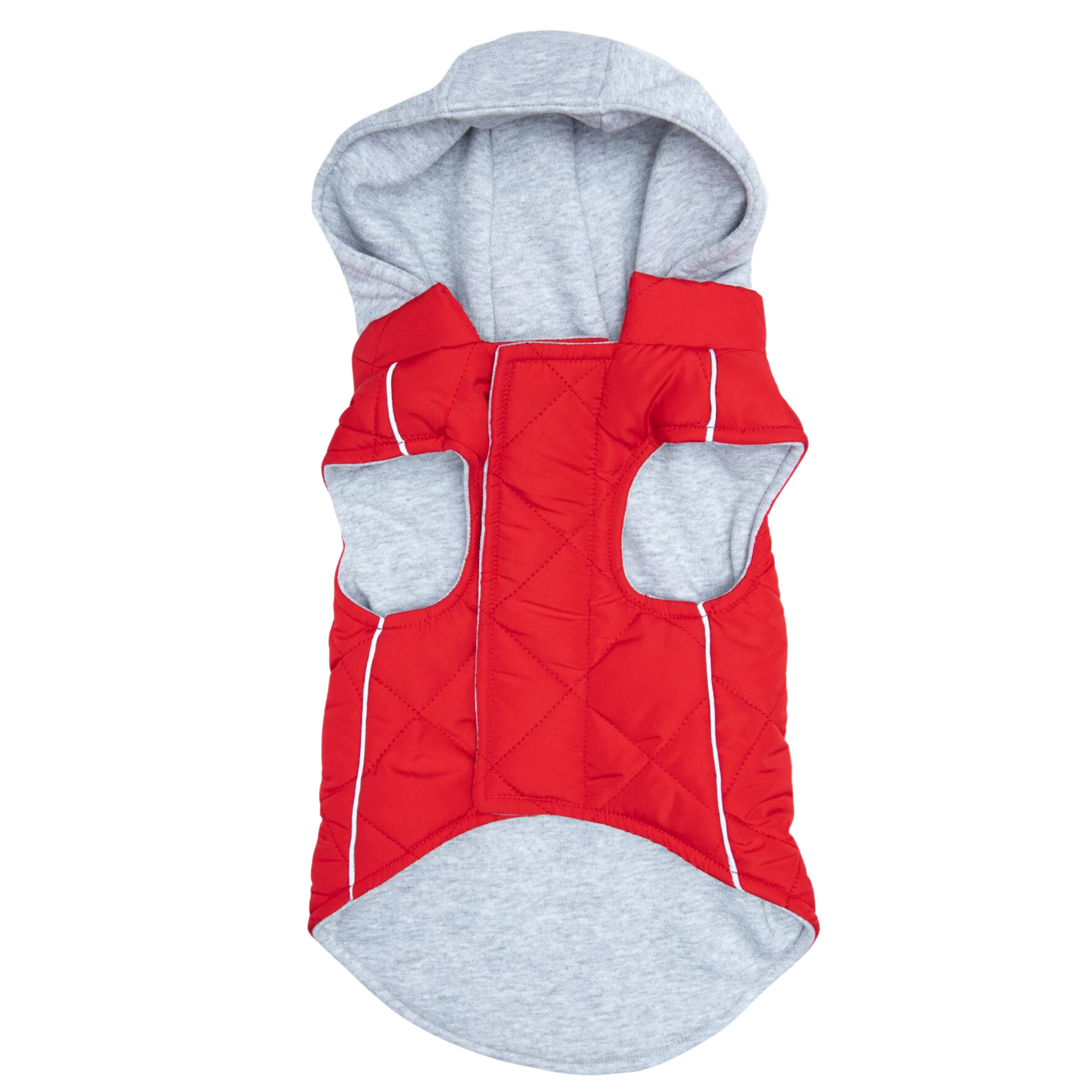 Red and gray quilted dog coat with hood on a white background