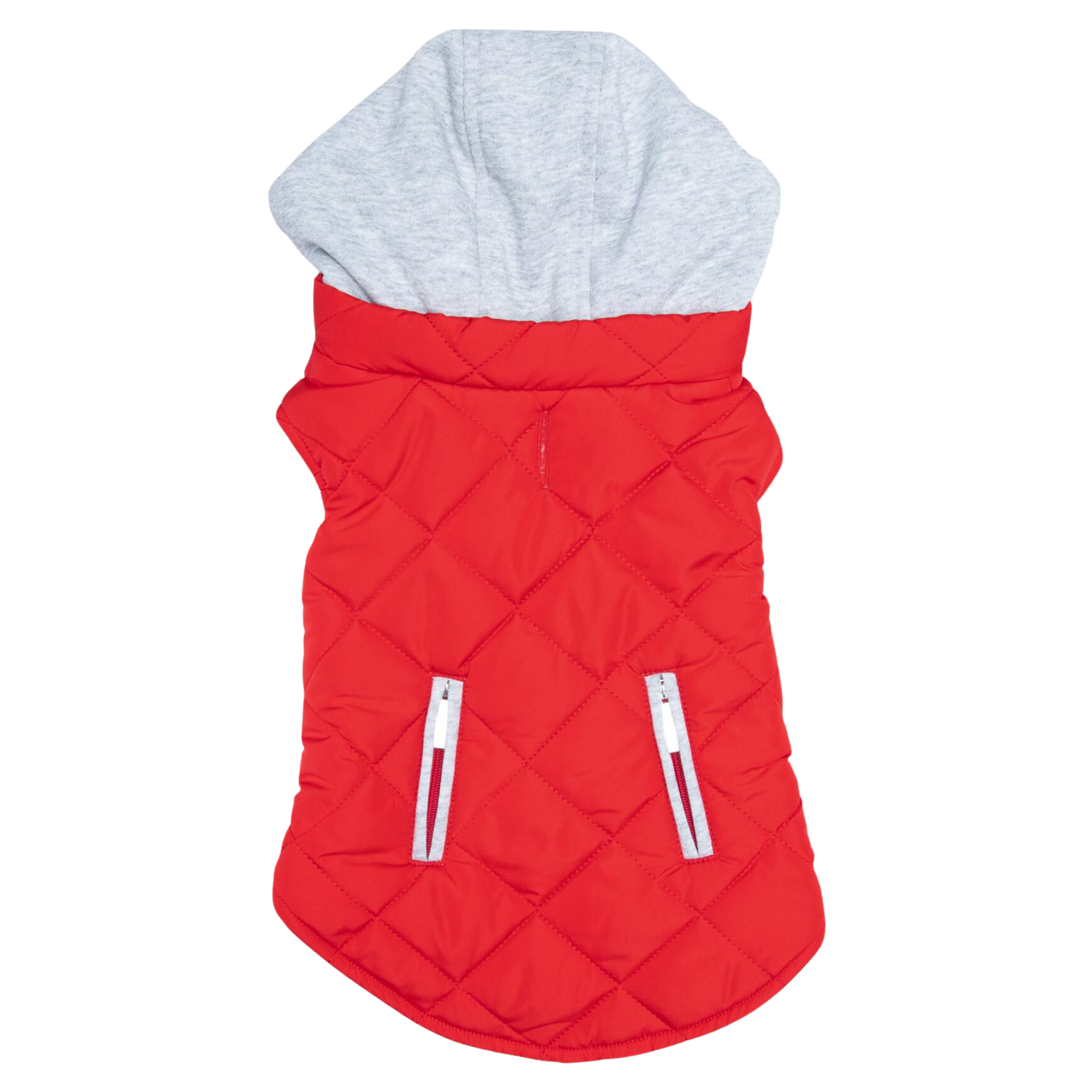 Red quilted dog coat with gray hood on a white background