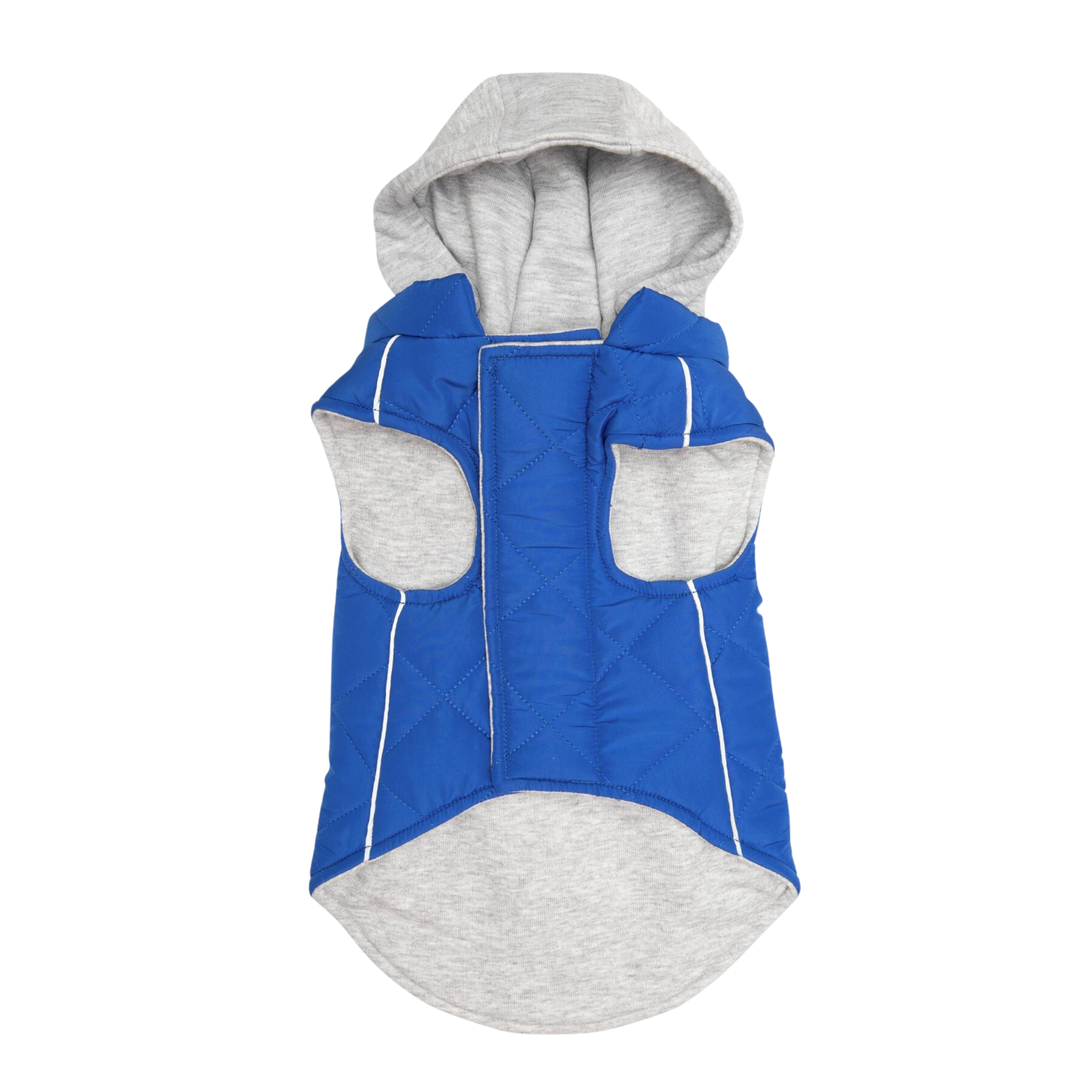Blue and gray dog vest with a hood on a white background