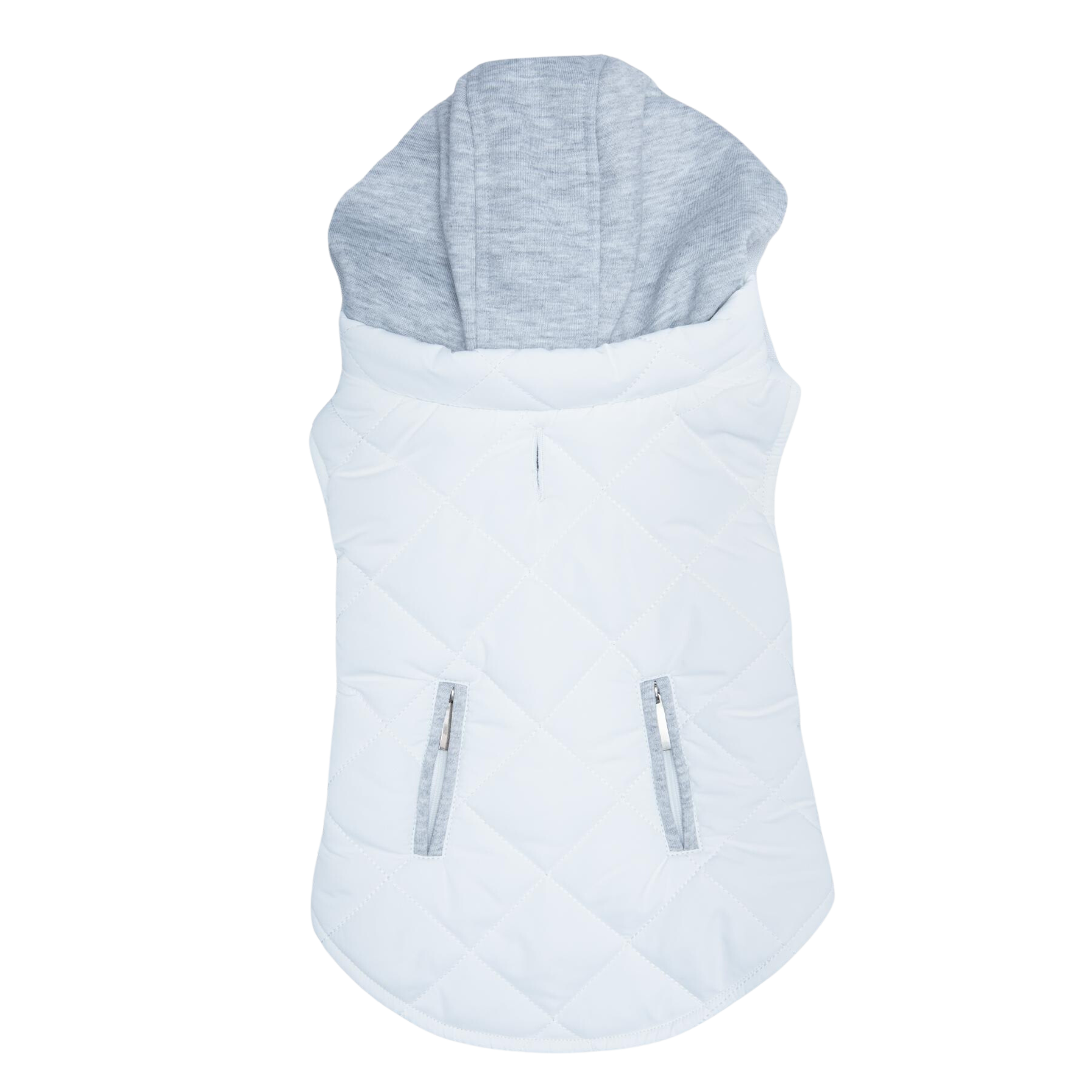White dog vest with gray hood on a white background