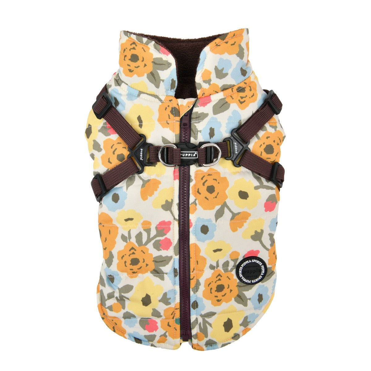 Floral-patterned dog harness on a white background