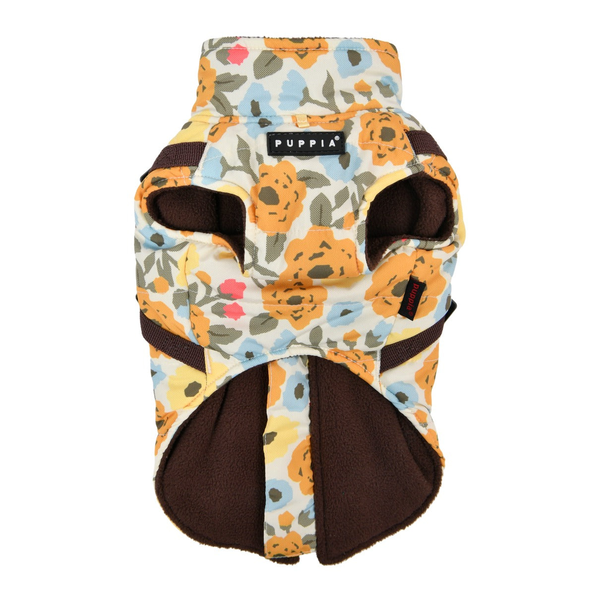 Floral-patterned pet coat with brown accents on a white background