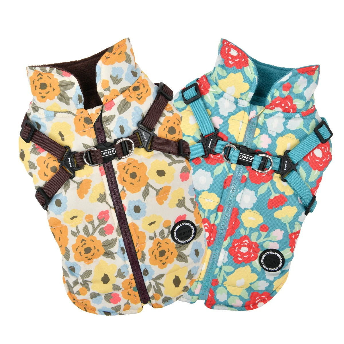 Two floral-patterned dog harnesses on a white background
