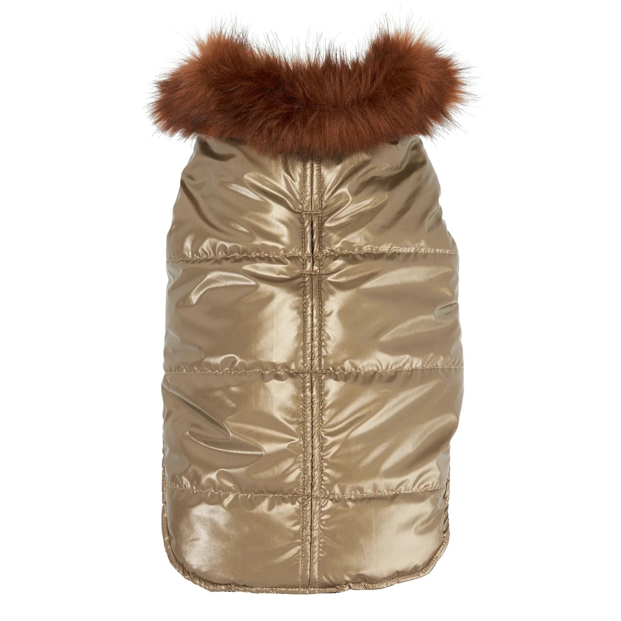 Gold puffer vest with brown fur hood on a white background