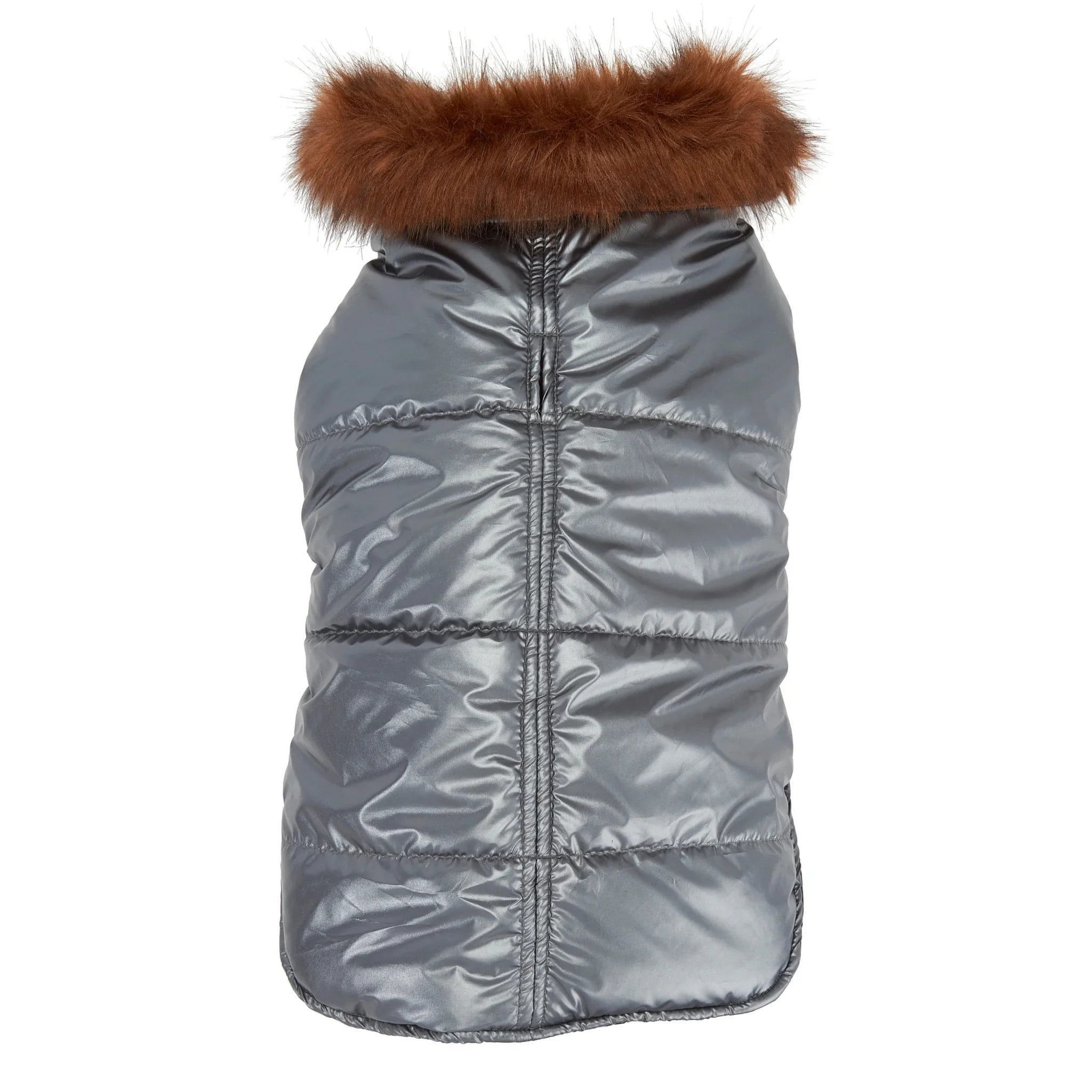 Gray puffer vest with brown fur hood on a white background