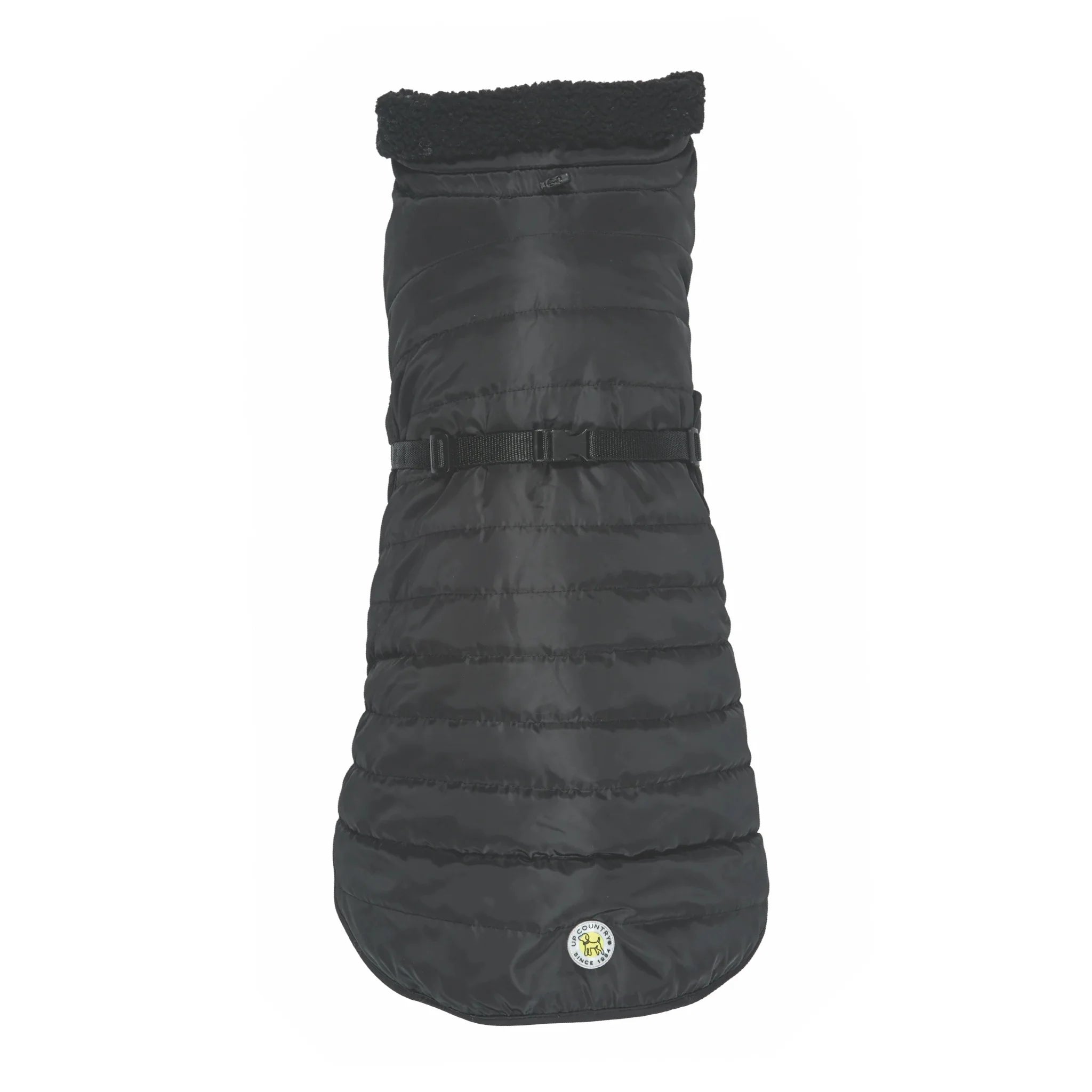 Black puffer dog coat with a visible brand logo on a white background
