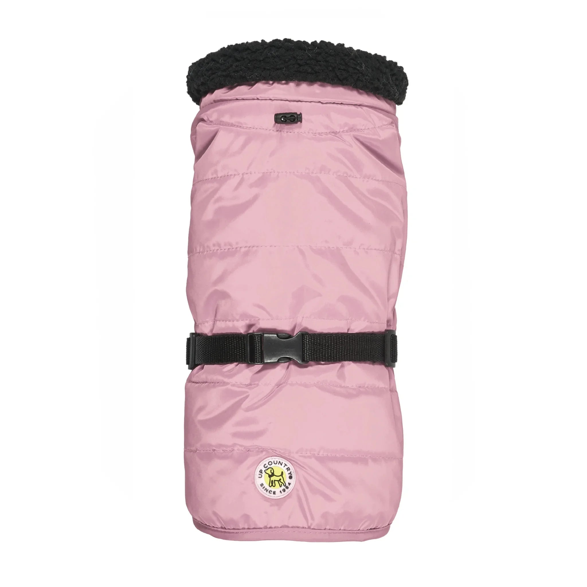 Pink dog coat with black collar and buckle on a white background