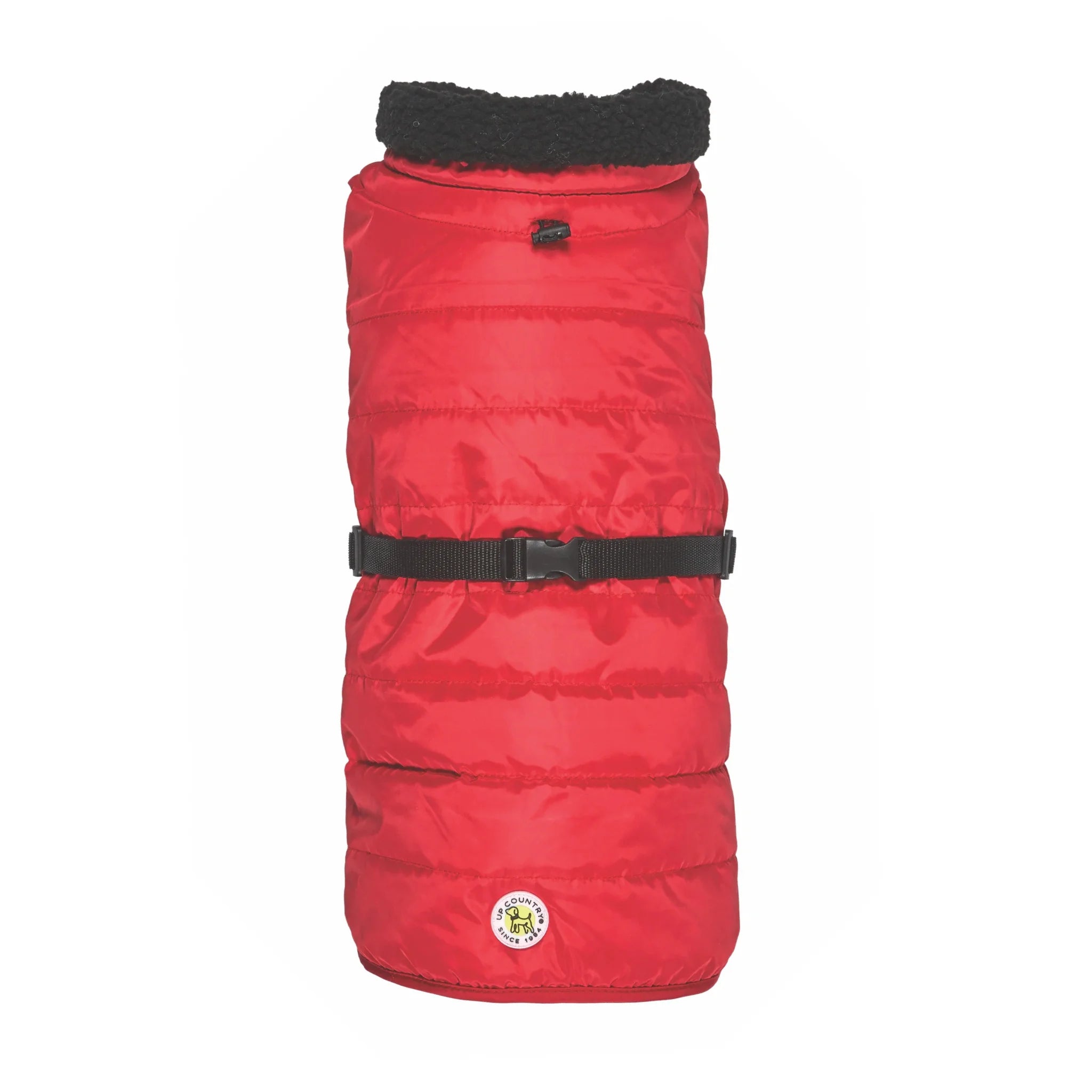 Red puffer dog coat with black collar and buckle on a white background