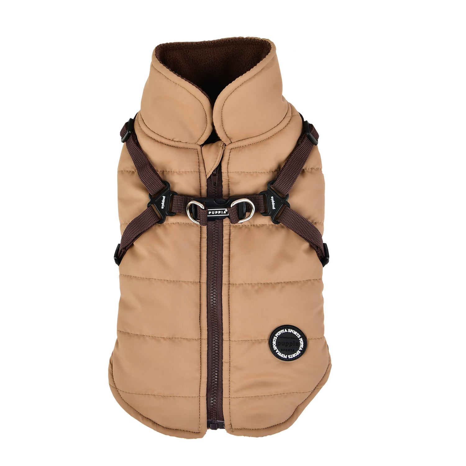 Brown dog vest with harness on a white background