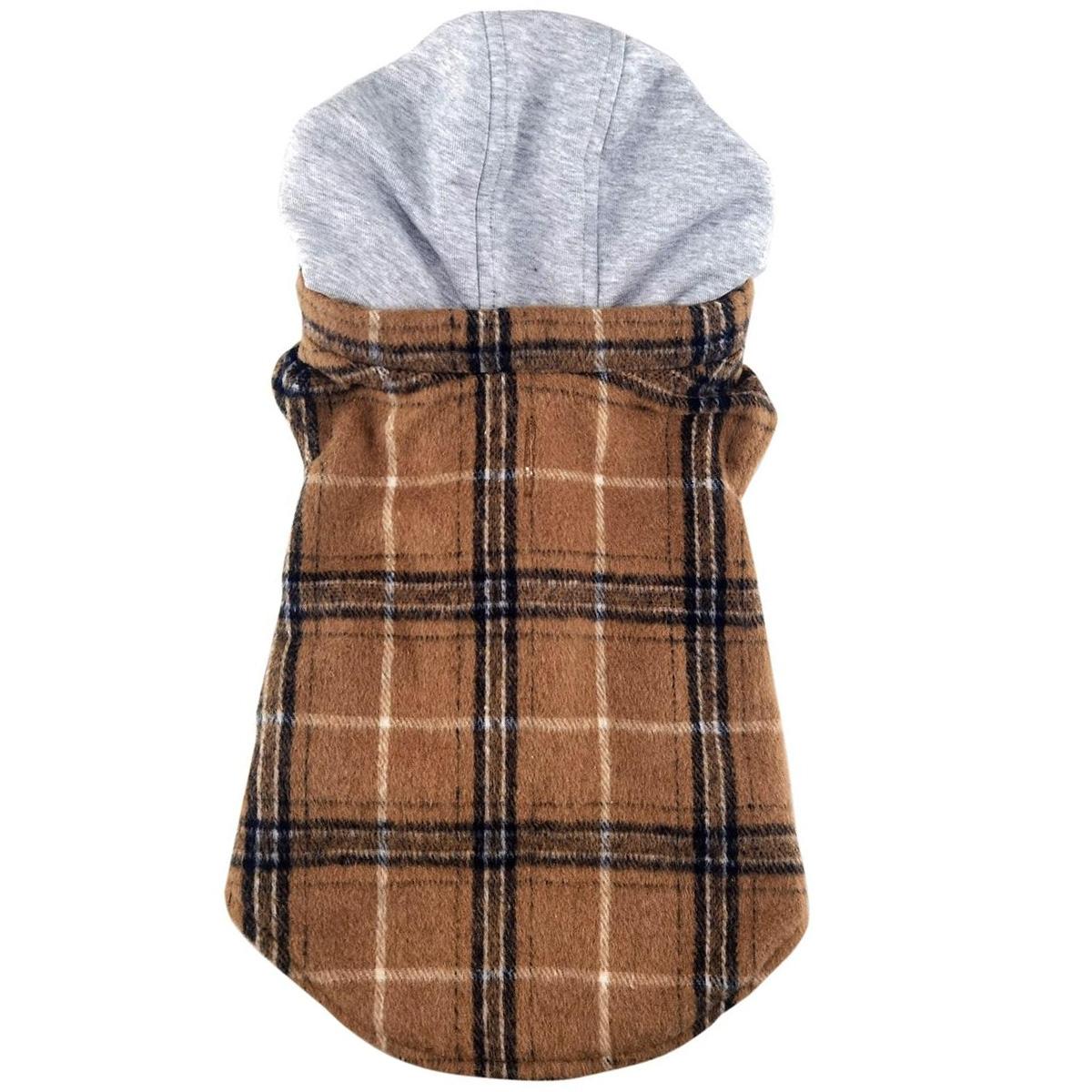 Plaid dog coat with gray hood on a white background