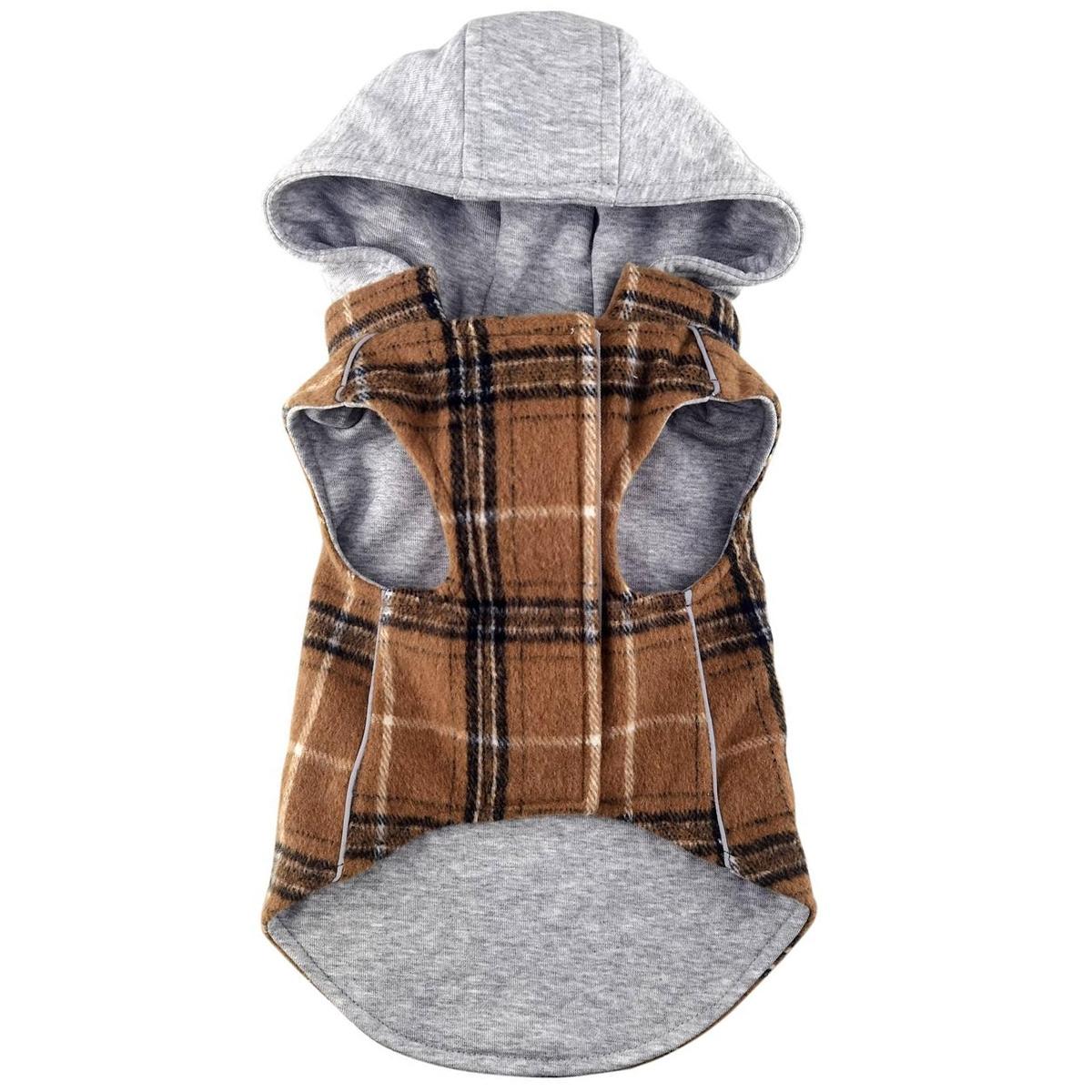 Plaid dog coat with gray hoodie on a white background