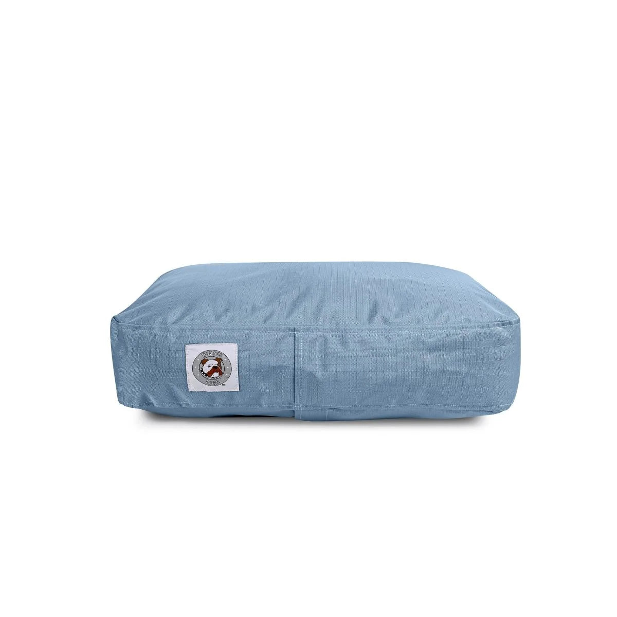 Blue pet bed with a brand logo on a white background