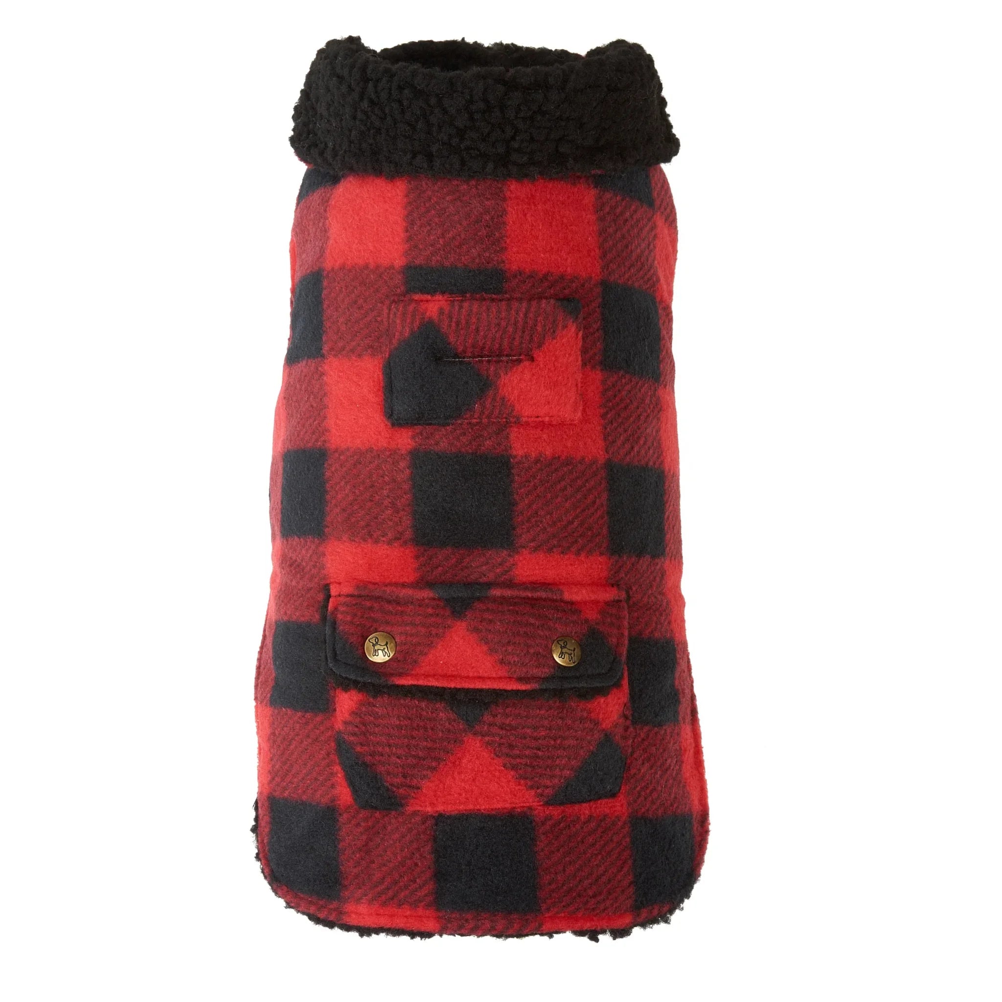 Red and black checkered dog coat with black fur trim on a white background