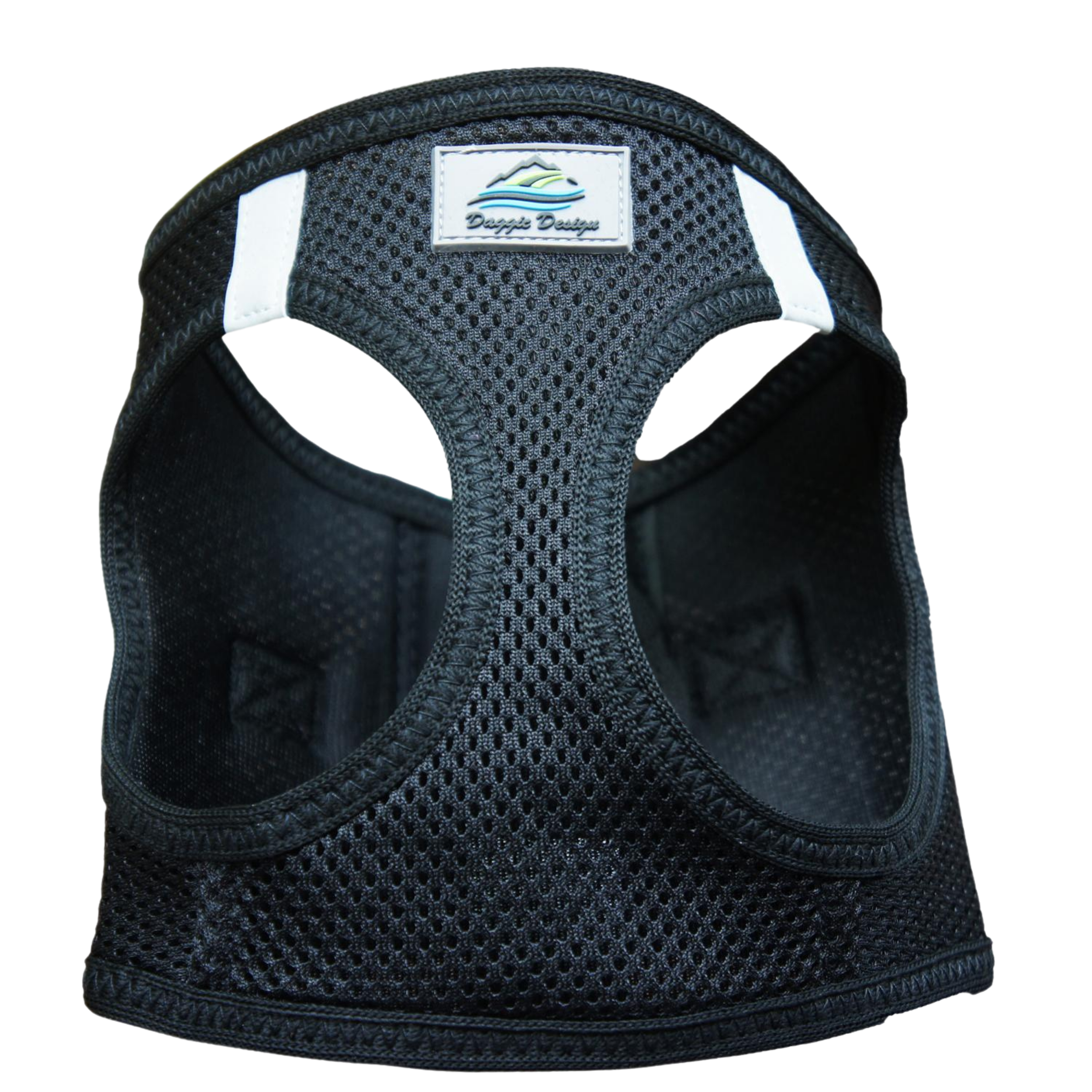 Black pet harness with a visible brand label on a white background