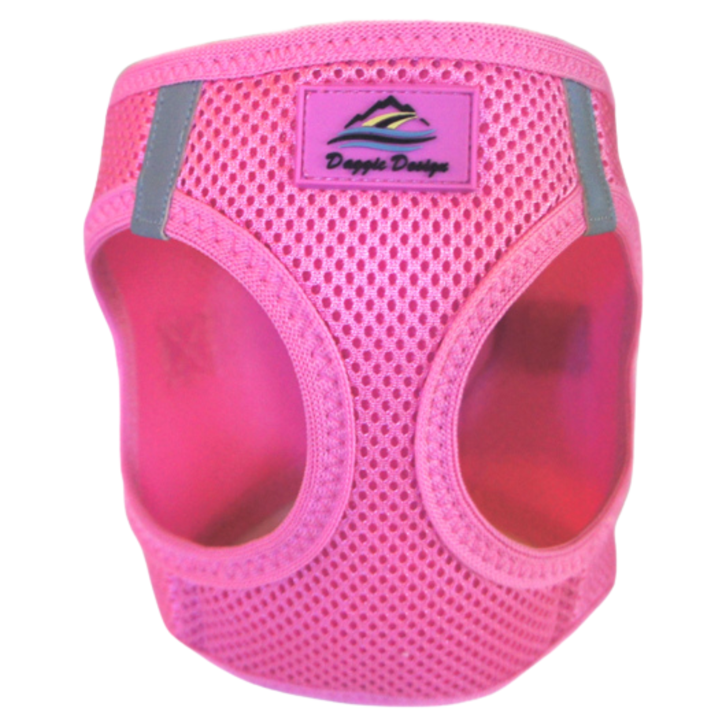 Pink dog harness with mesh design on a white background