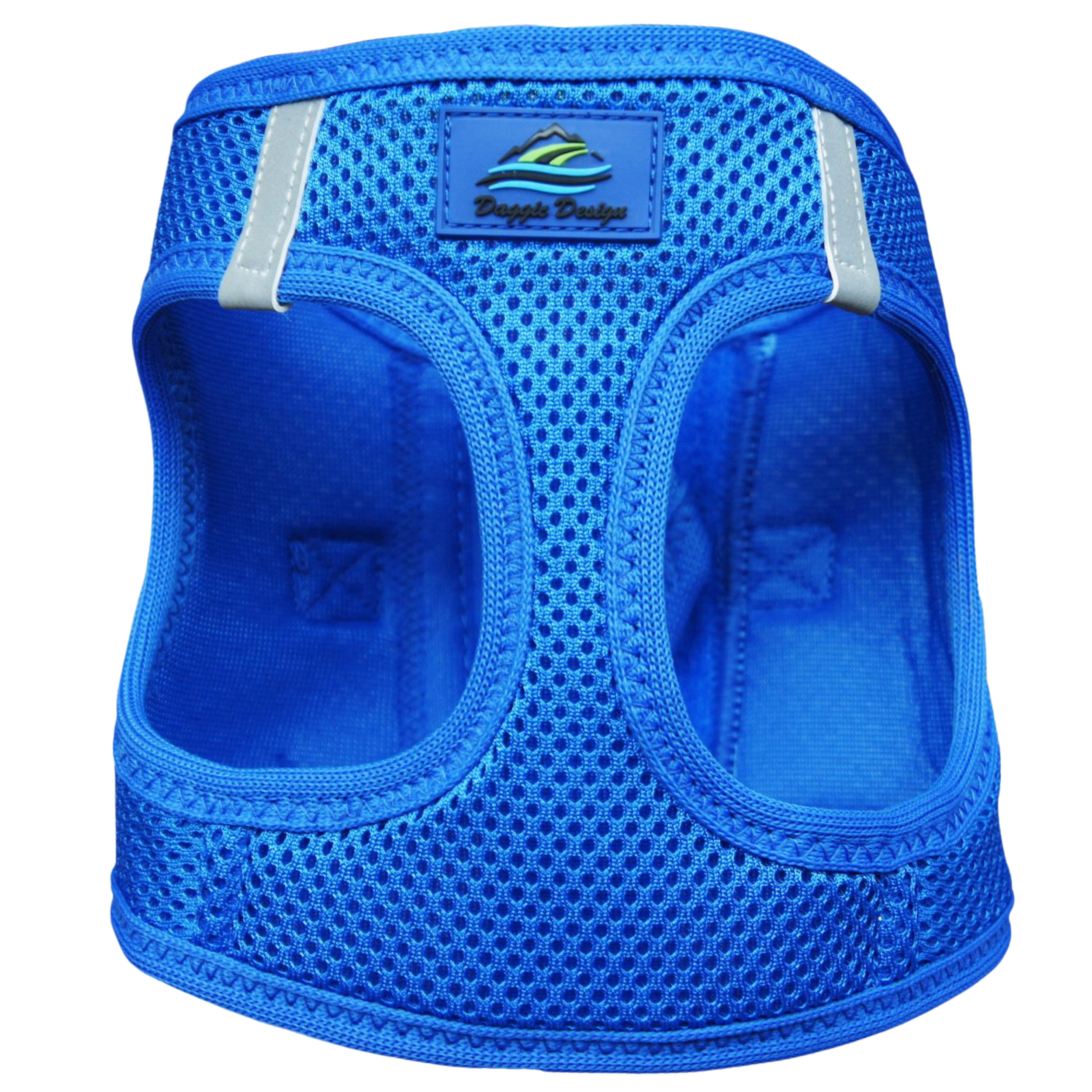 Blue pet harness with mesh design on a white background