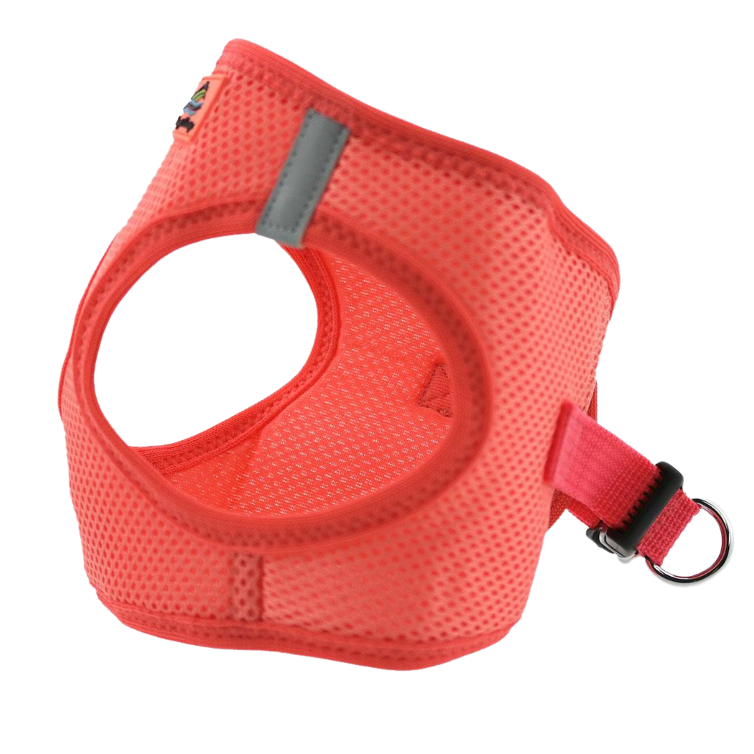Red dog harness with a strap on a white background