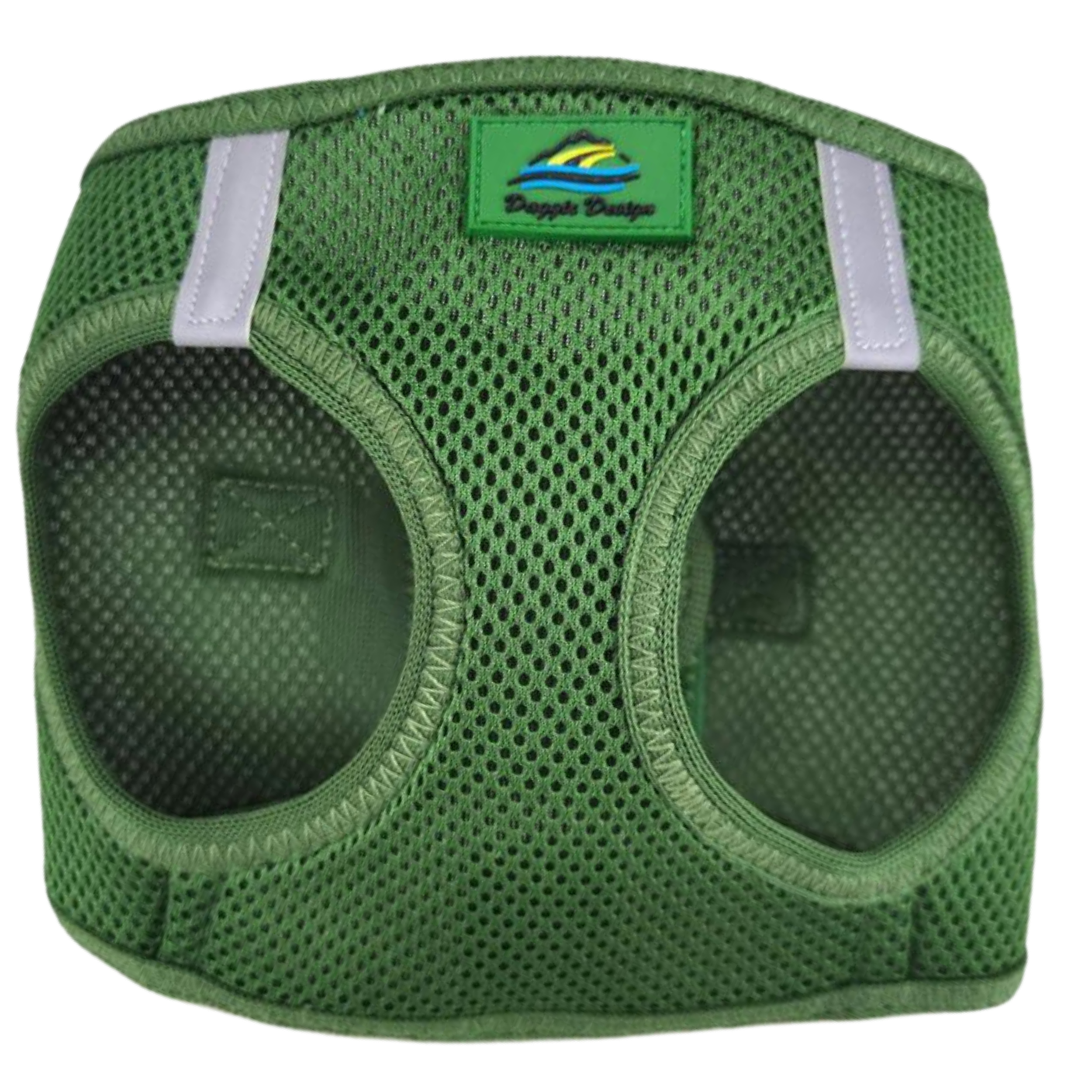 Green pet harness with reflective straps on a white background