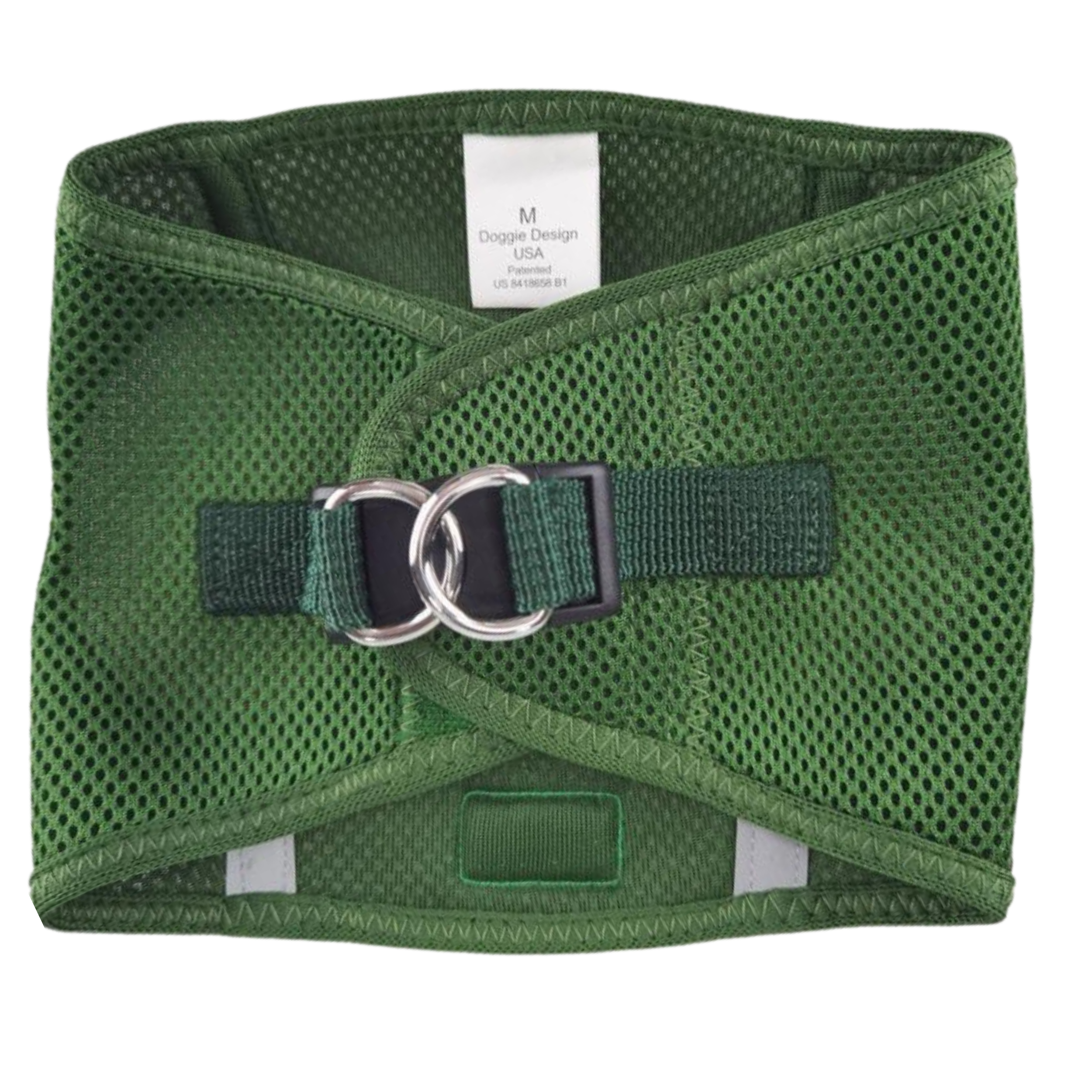 Green dog harness with mesh design on a white background