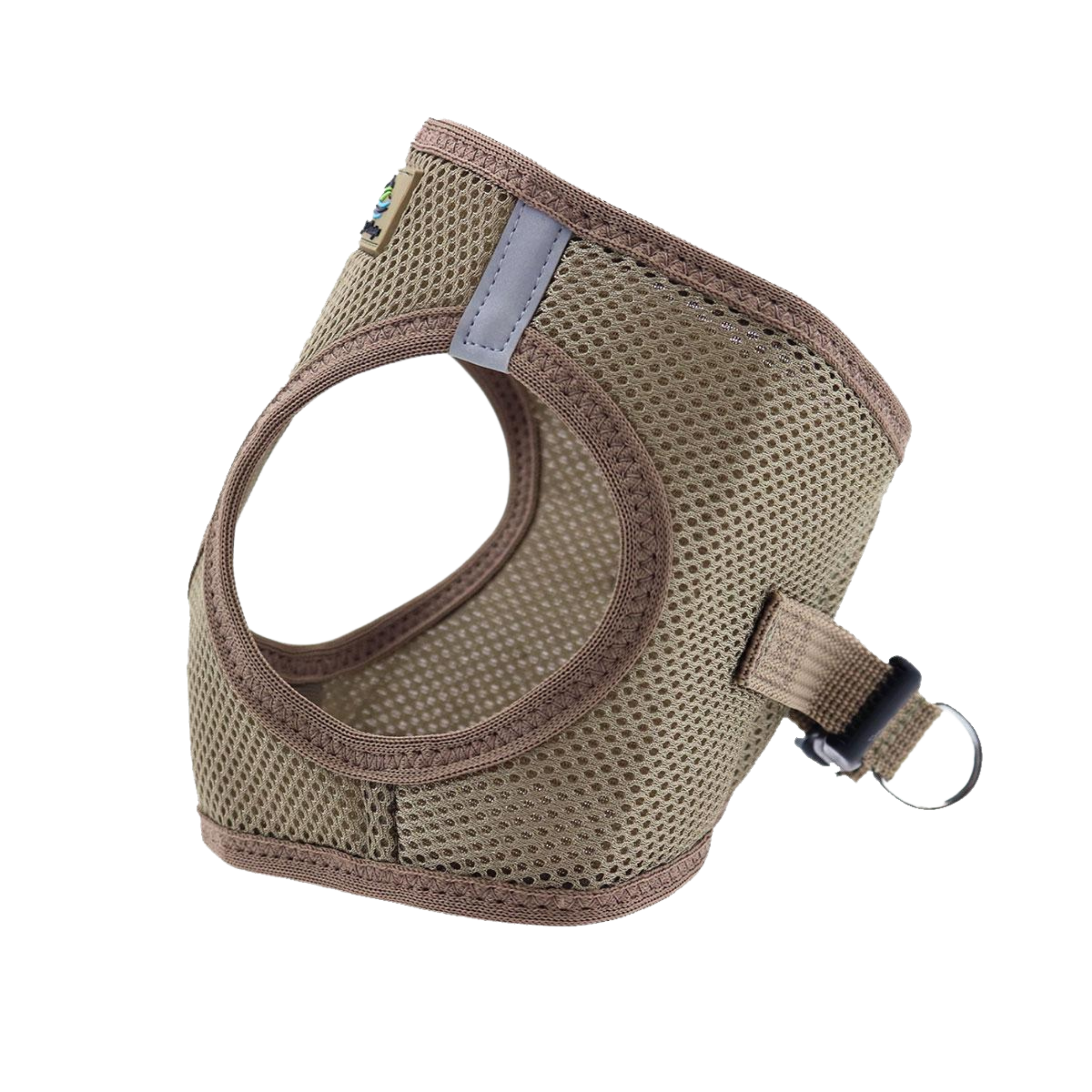 Beige mesh dog harness on a white background