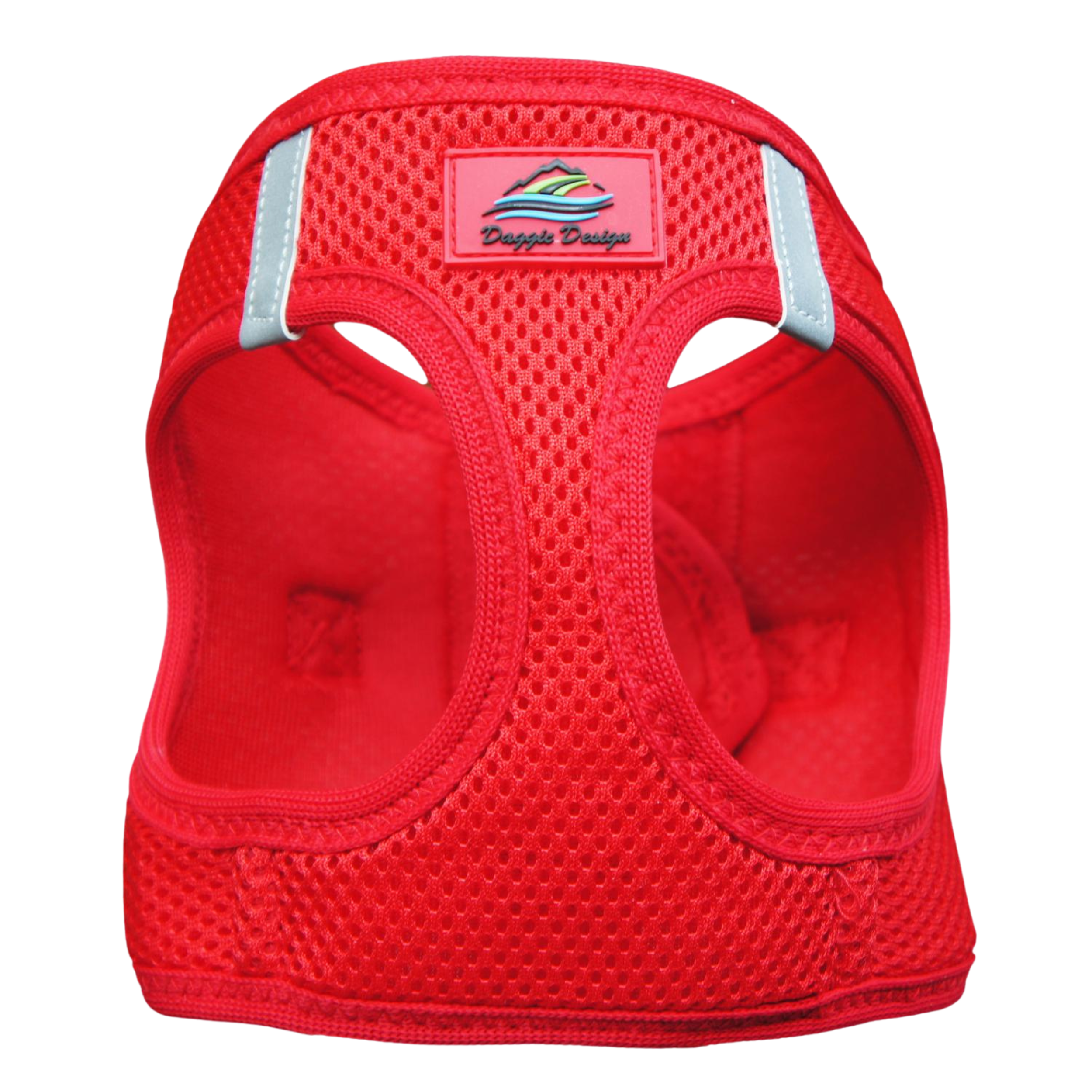 Red pet harness with a visible brand logo on a white background