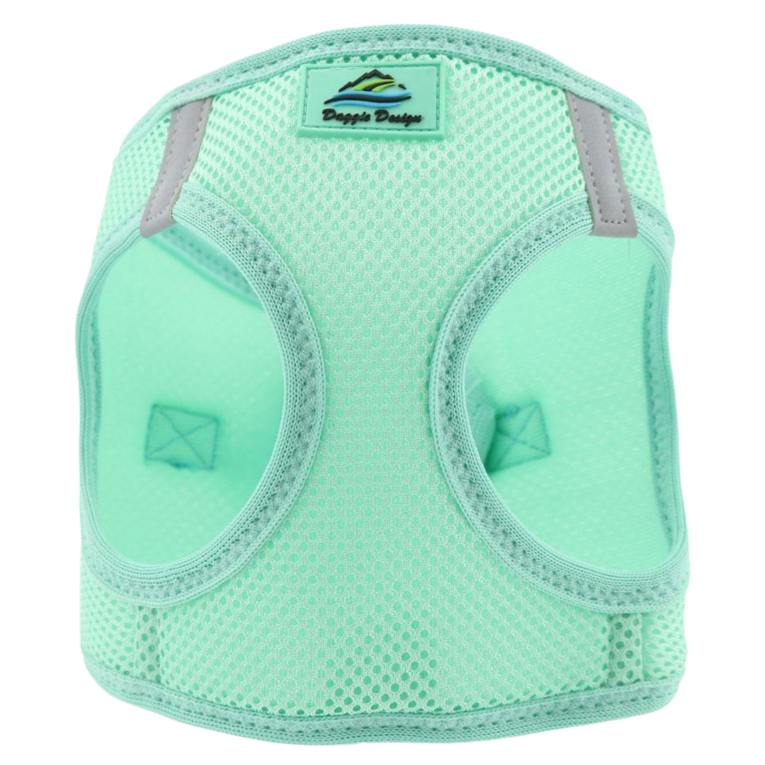 Mint green dog harness with mesh design and visible brand logo on a white background