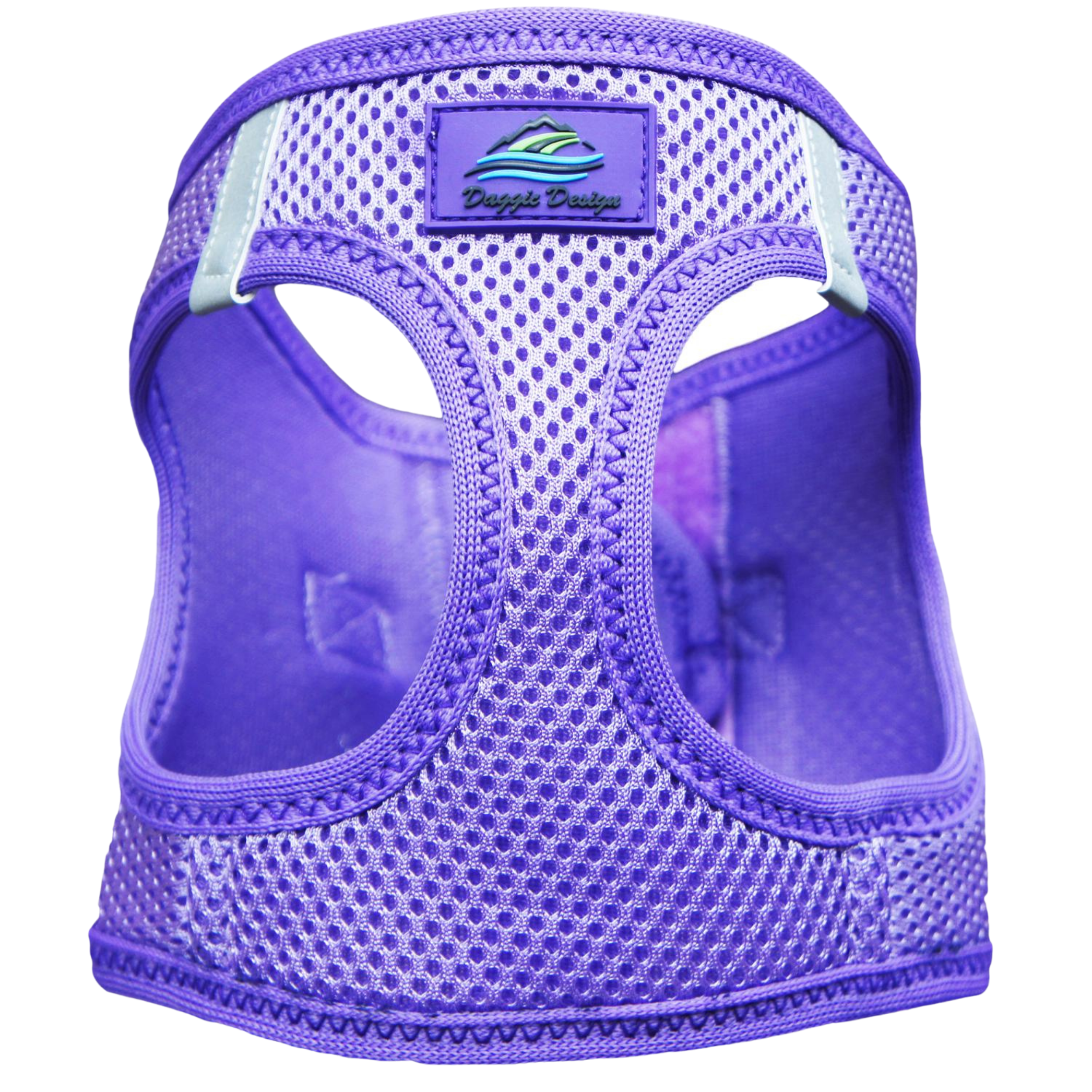 Purple pet harness with mesh design on a white background