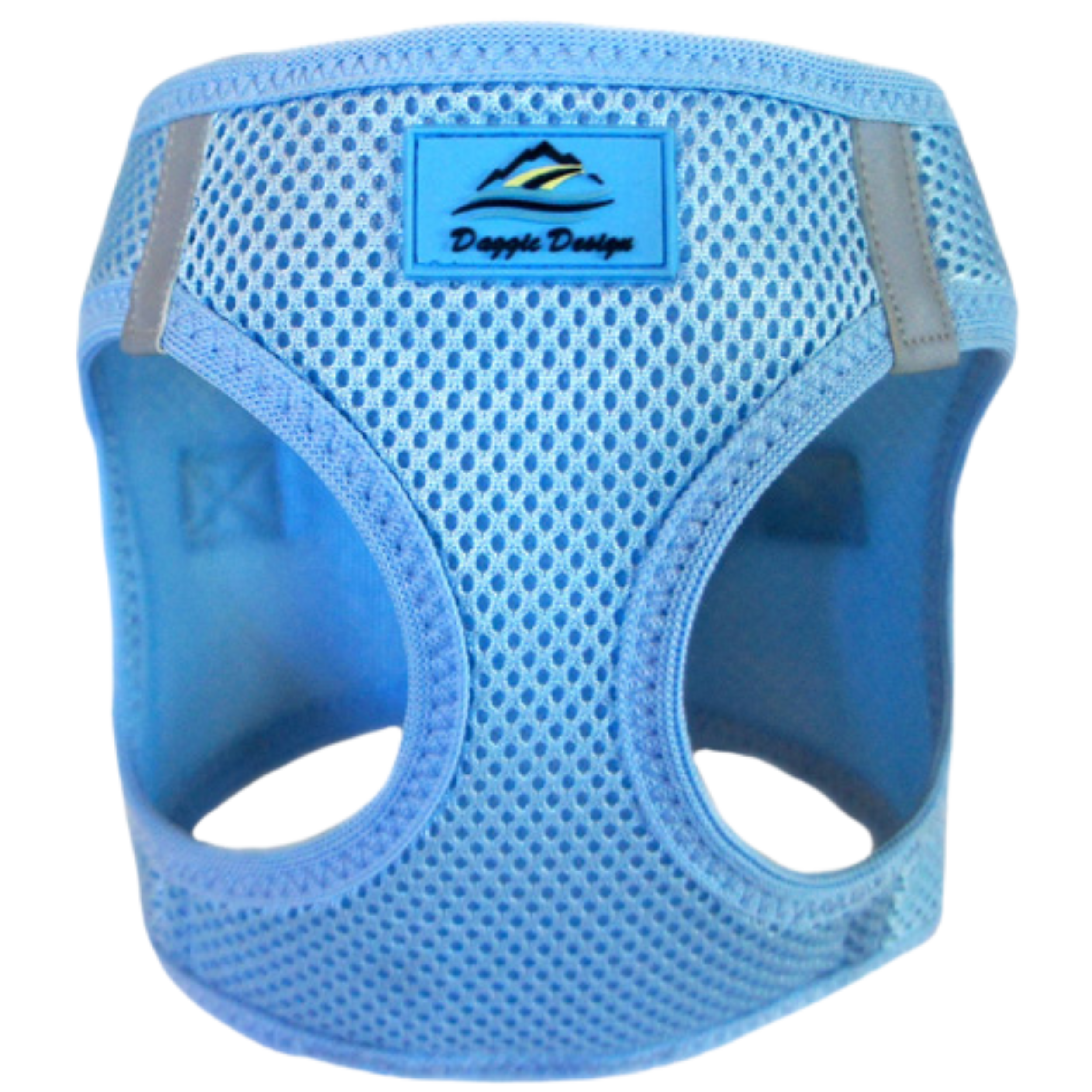 Blue dog harness with mesh design and visible brand logo on a white background
