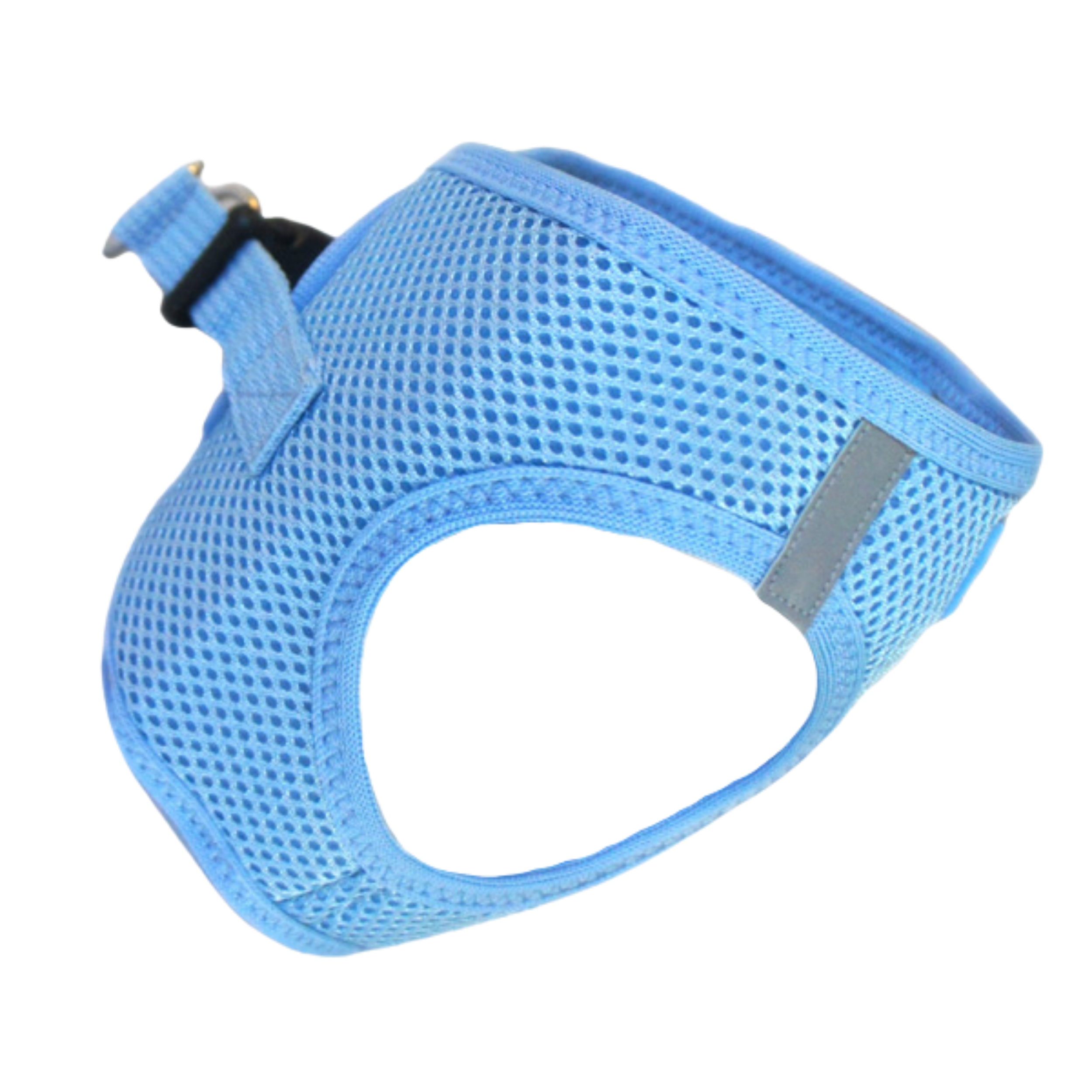 Blue mesh dog harness on a white background