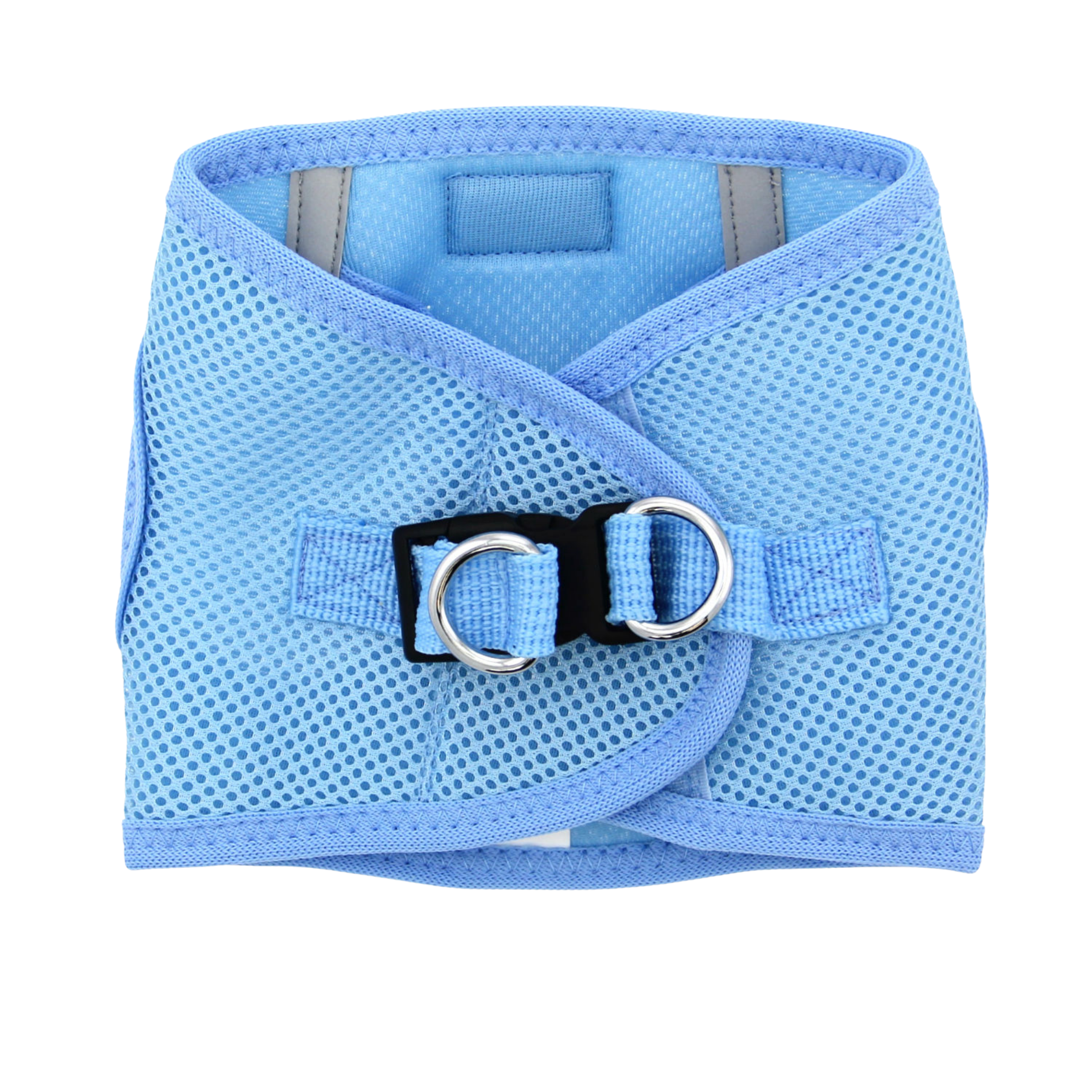 Blue dog harness with a metal buckle on a white background