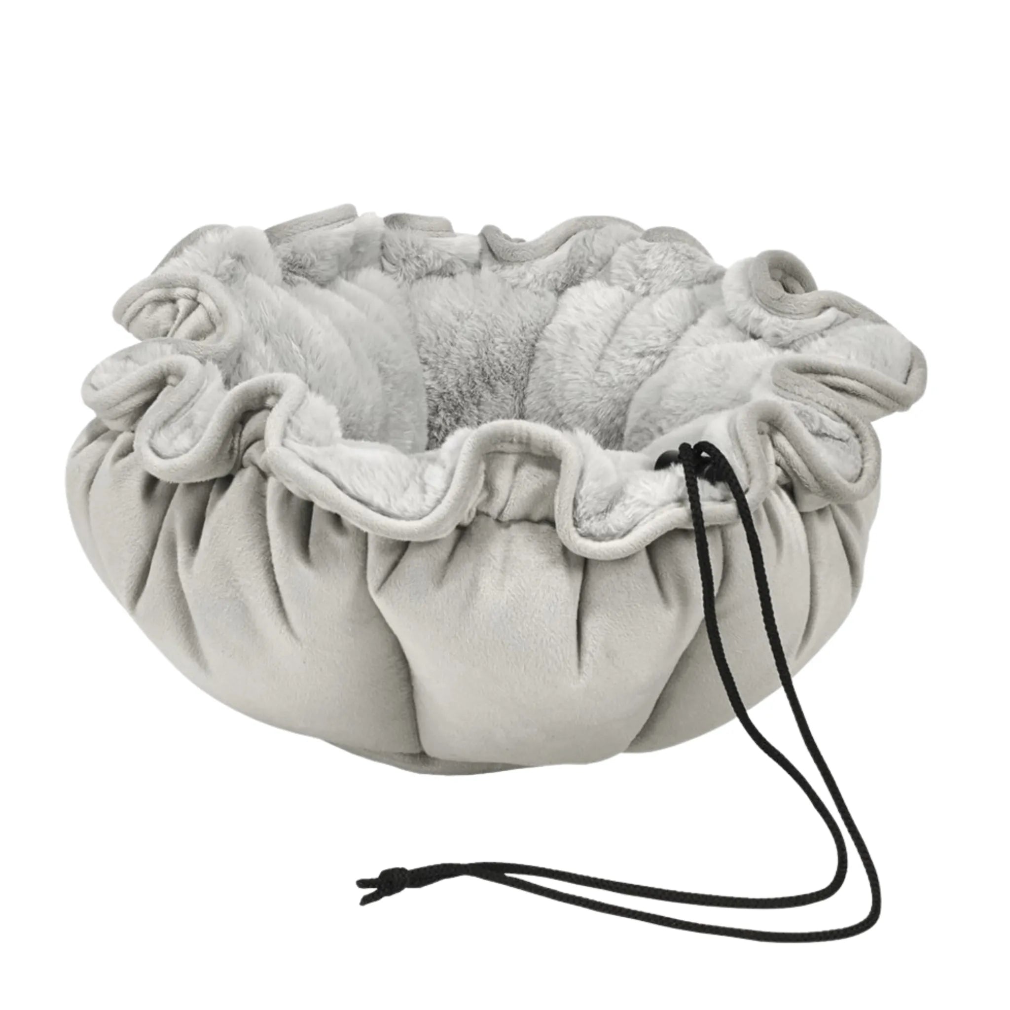 Gray drawstring bag with plush interior on a white background