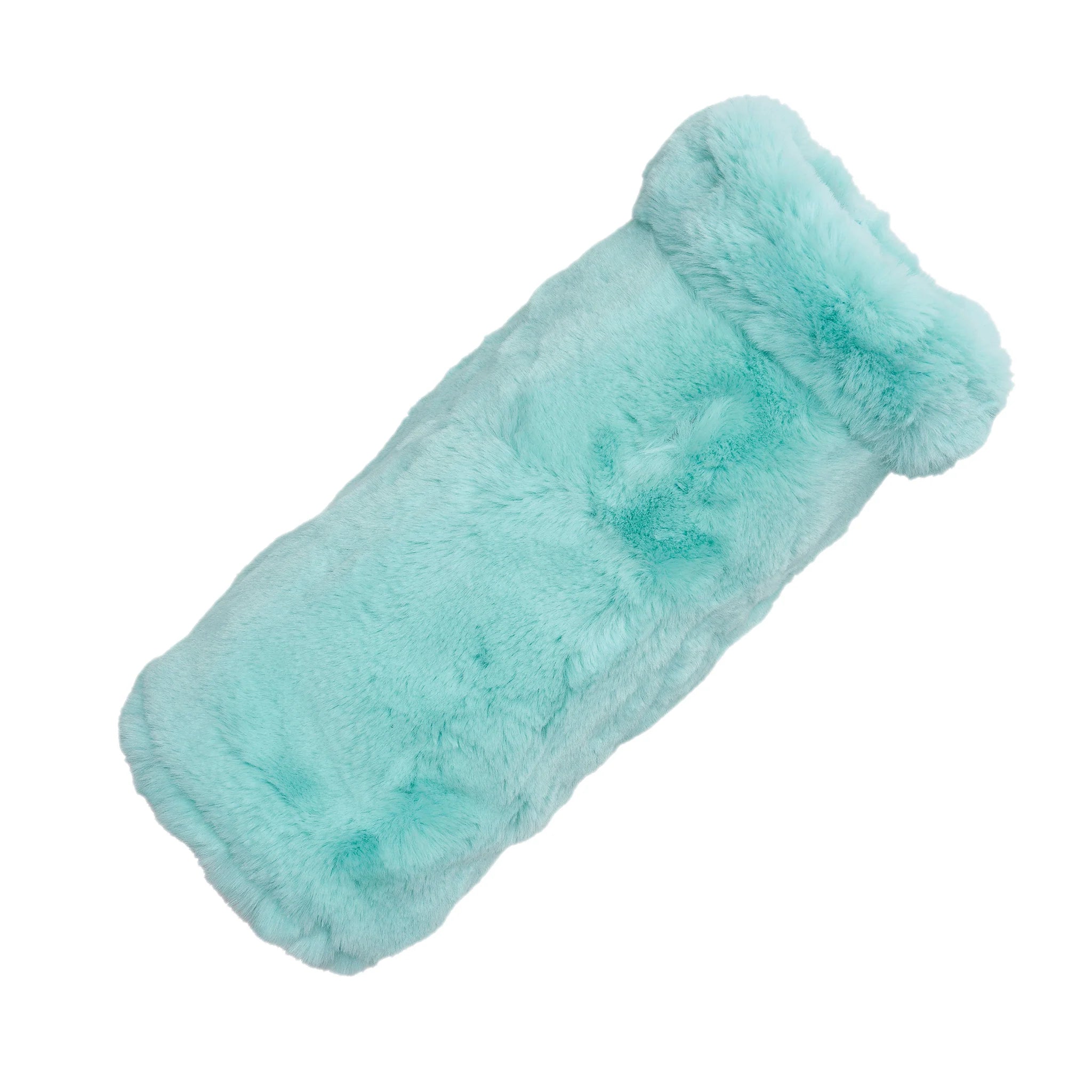 Turquoise fuzzy hot water bottle on a white background
