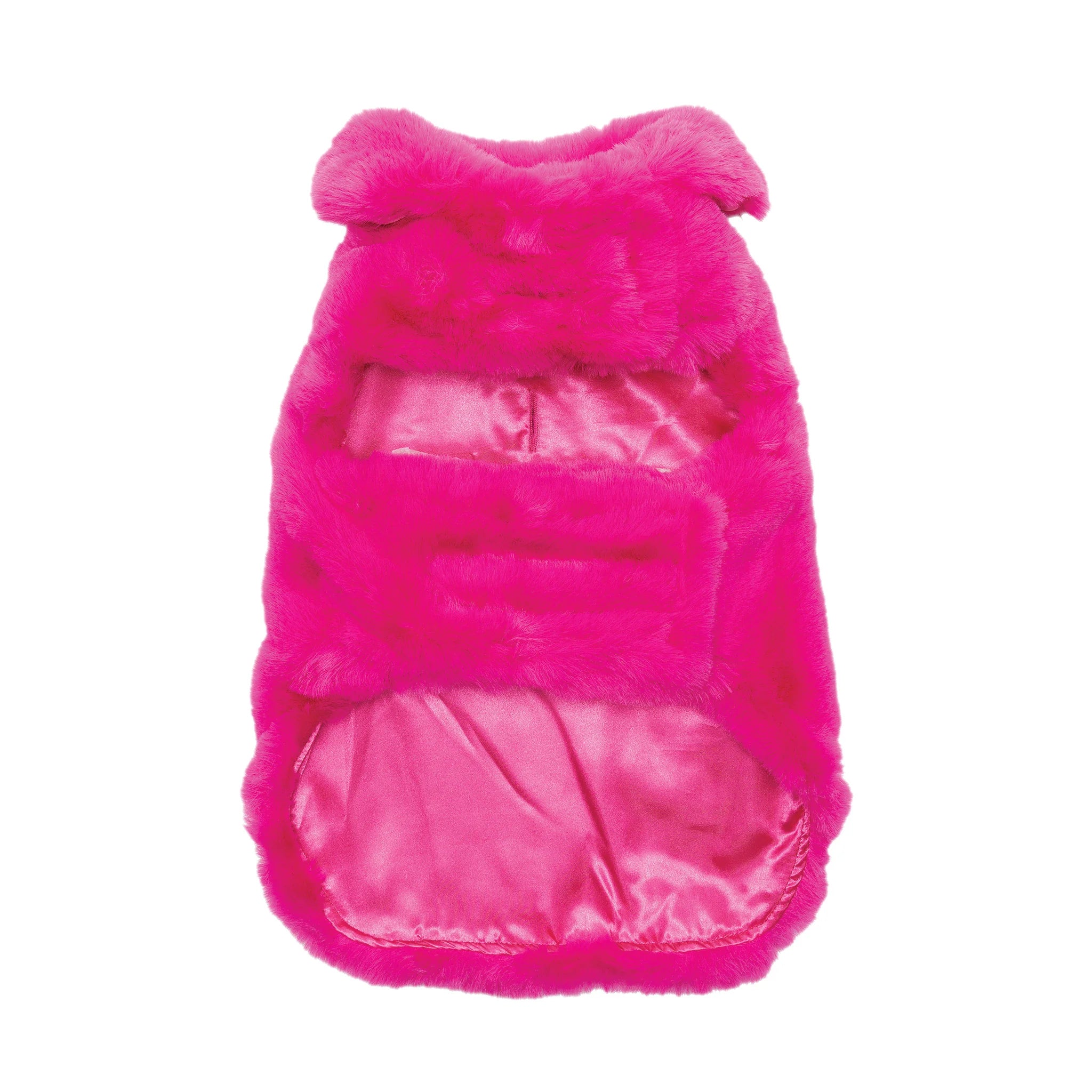 Pink fluffy dog coat on a white background