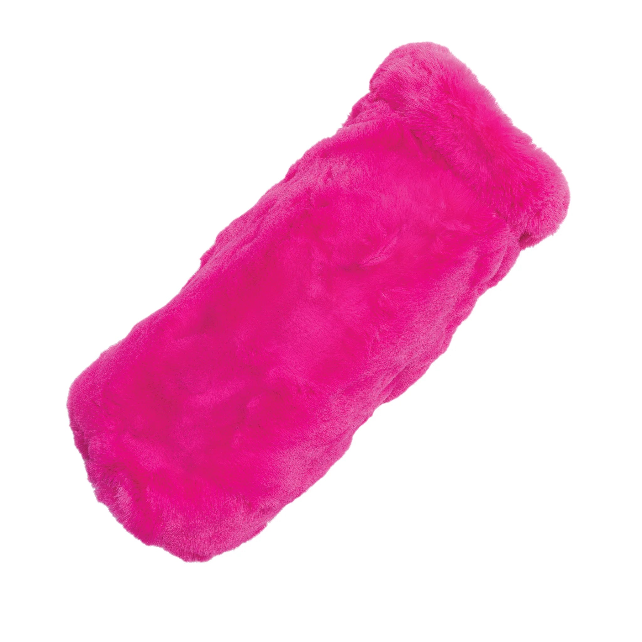 Pink fuzzy hot water bottle on a white background