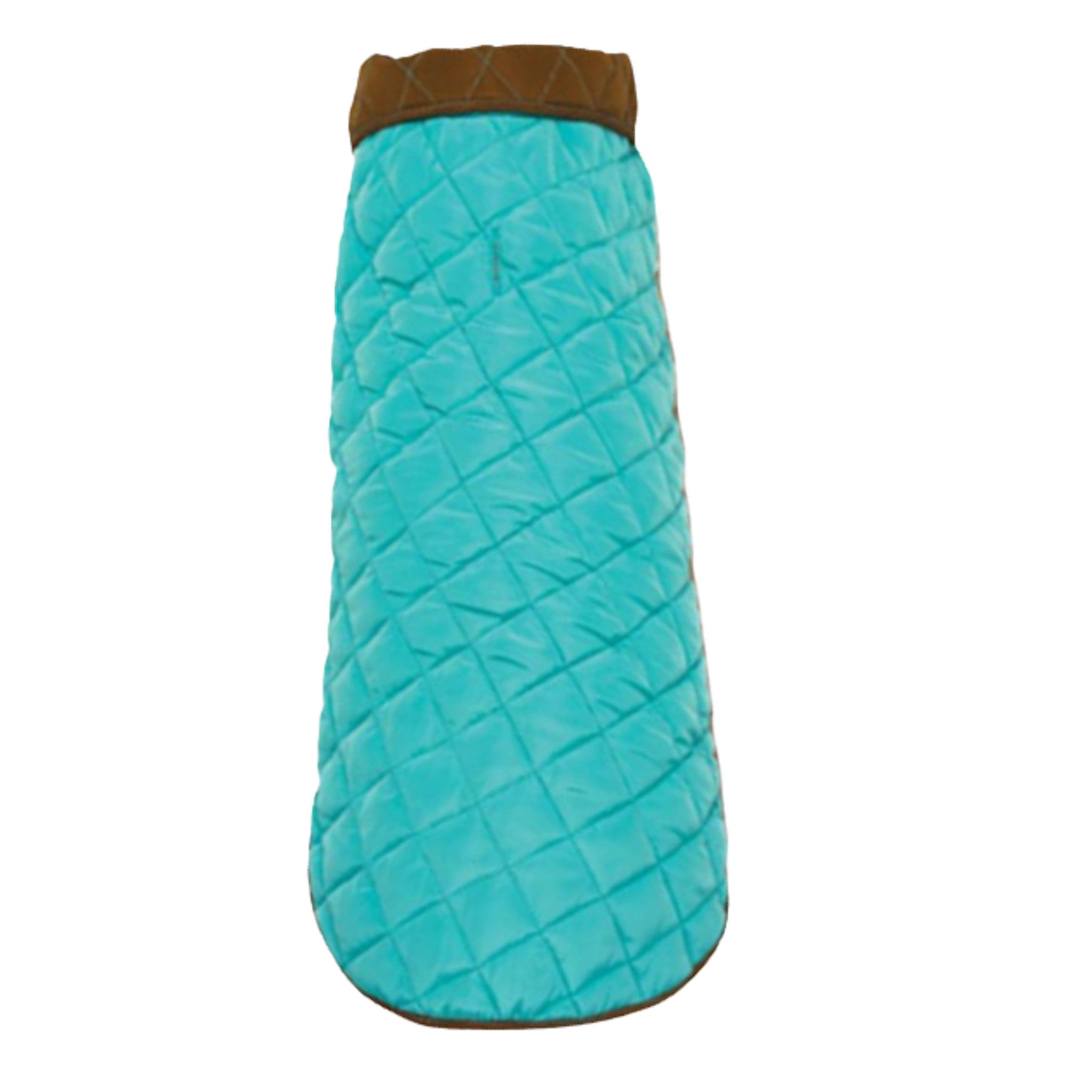 Turquoise quilted dog coat with brown trim on a white background