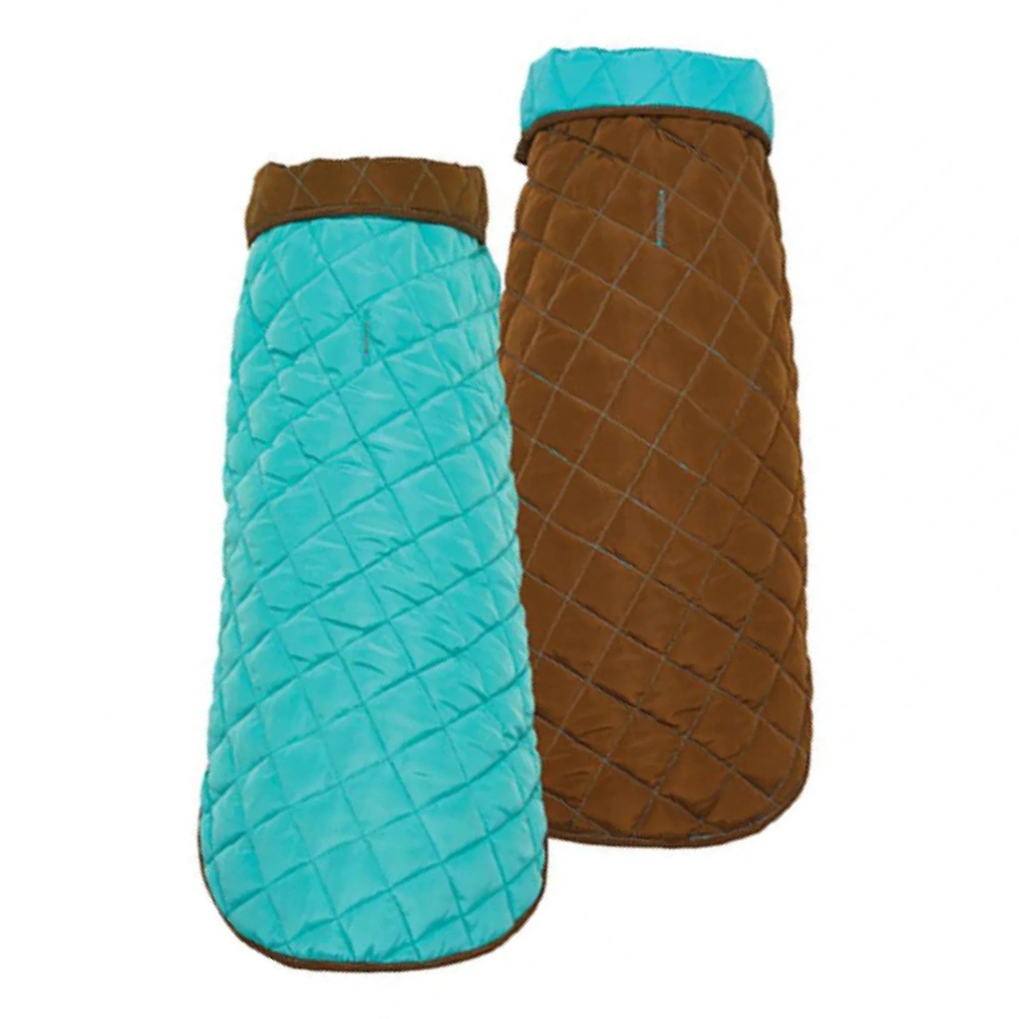 Two quilted dog coats, one turquoise and one brown, on a white background.