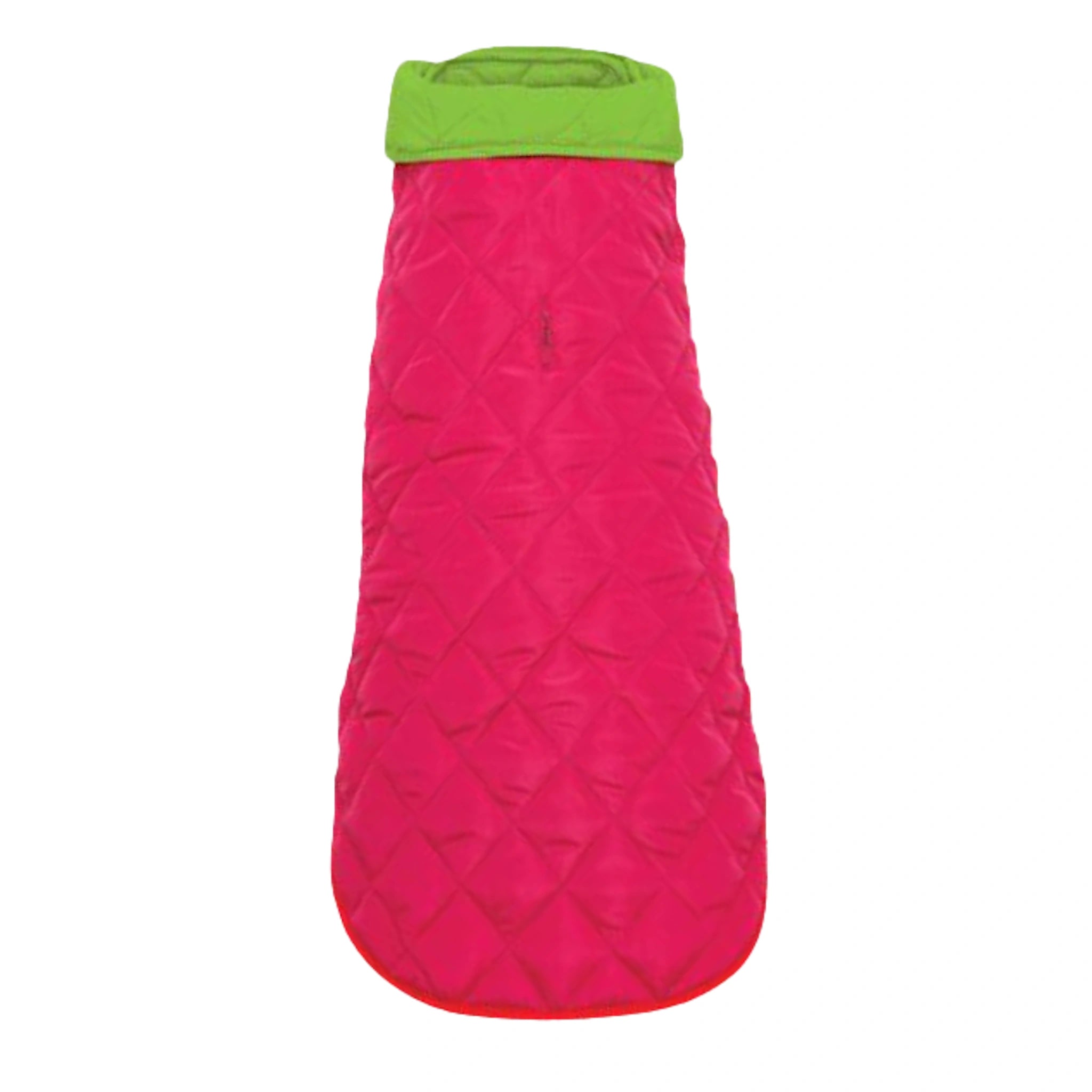 Pink quilted dog coat with green hood on a white background