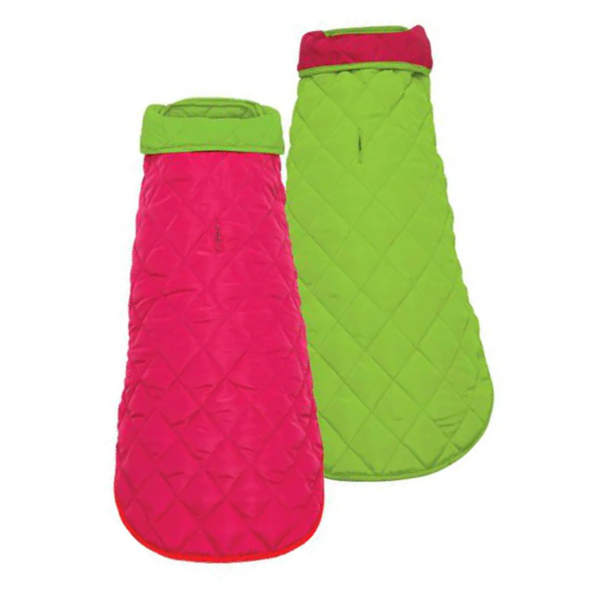 Two quilted dog coats, one pink and one green, on a white background.