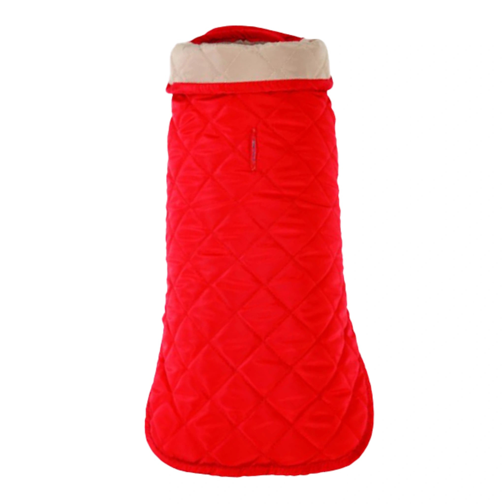 Red quilted dog coat with beige lining on a white background