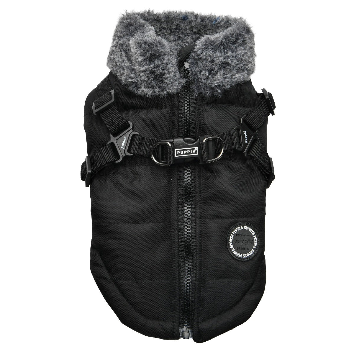 Black dog vest with gray fur collar on a white background