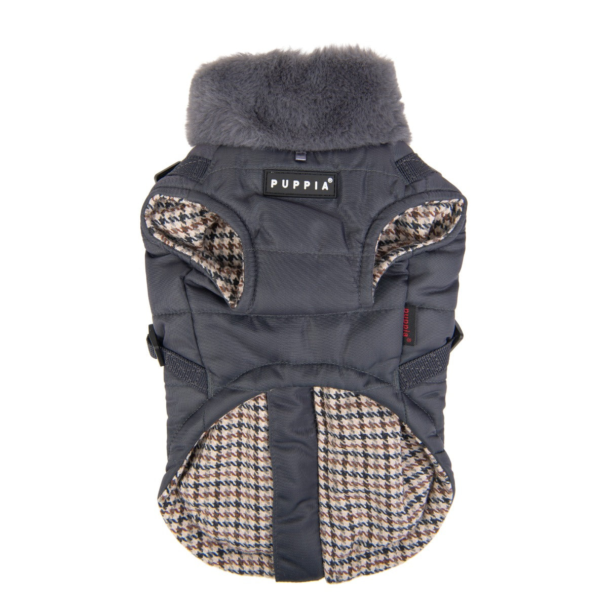 Dog vest with houndstooth pattern and fur hood on a white background, branded with 'Puppia'.