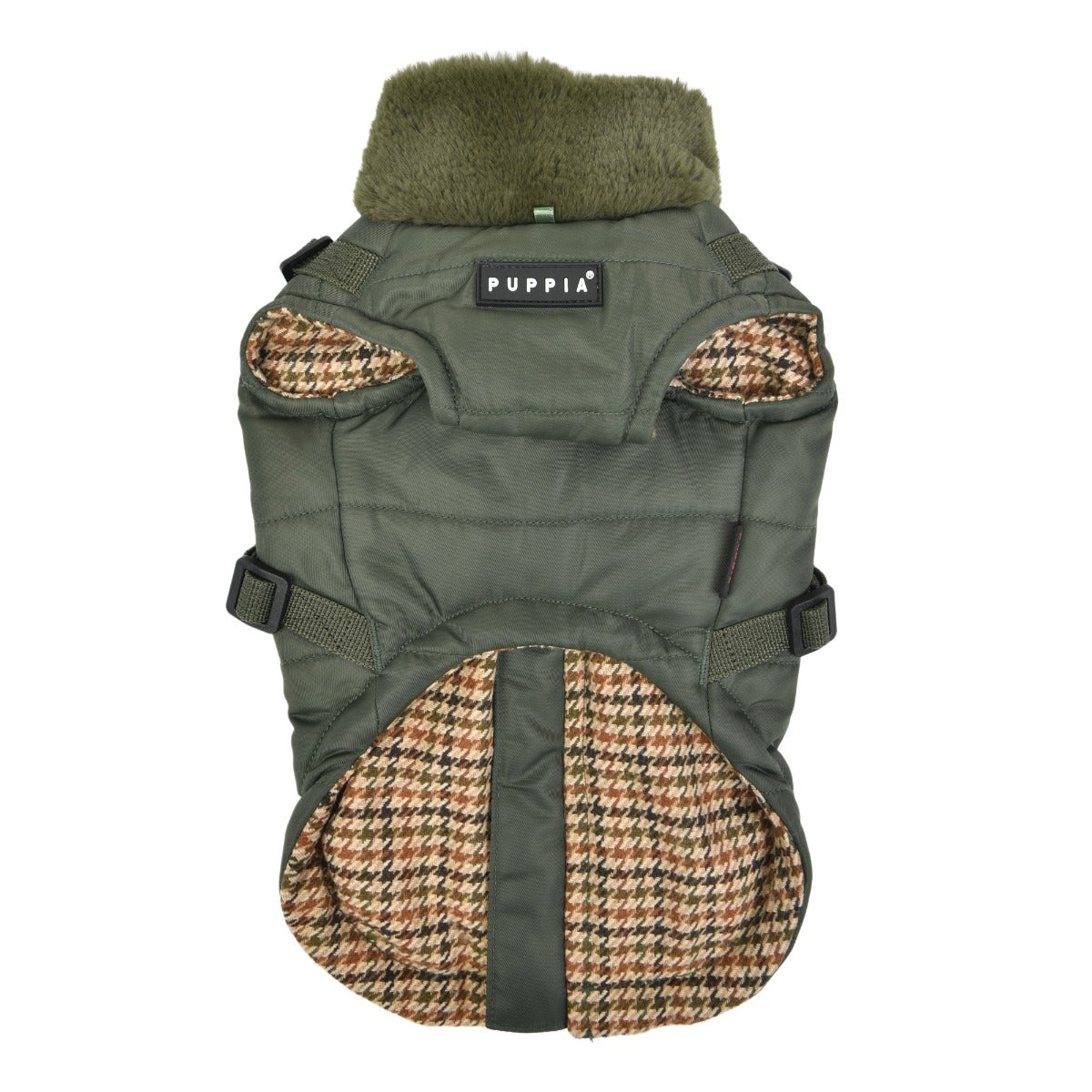 Green dog vest with houndstooth pattern on a white background, featuring the Puppia brand.