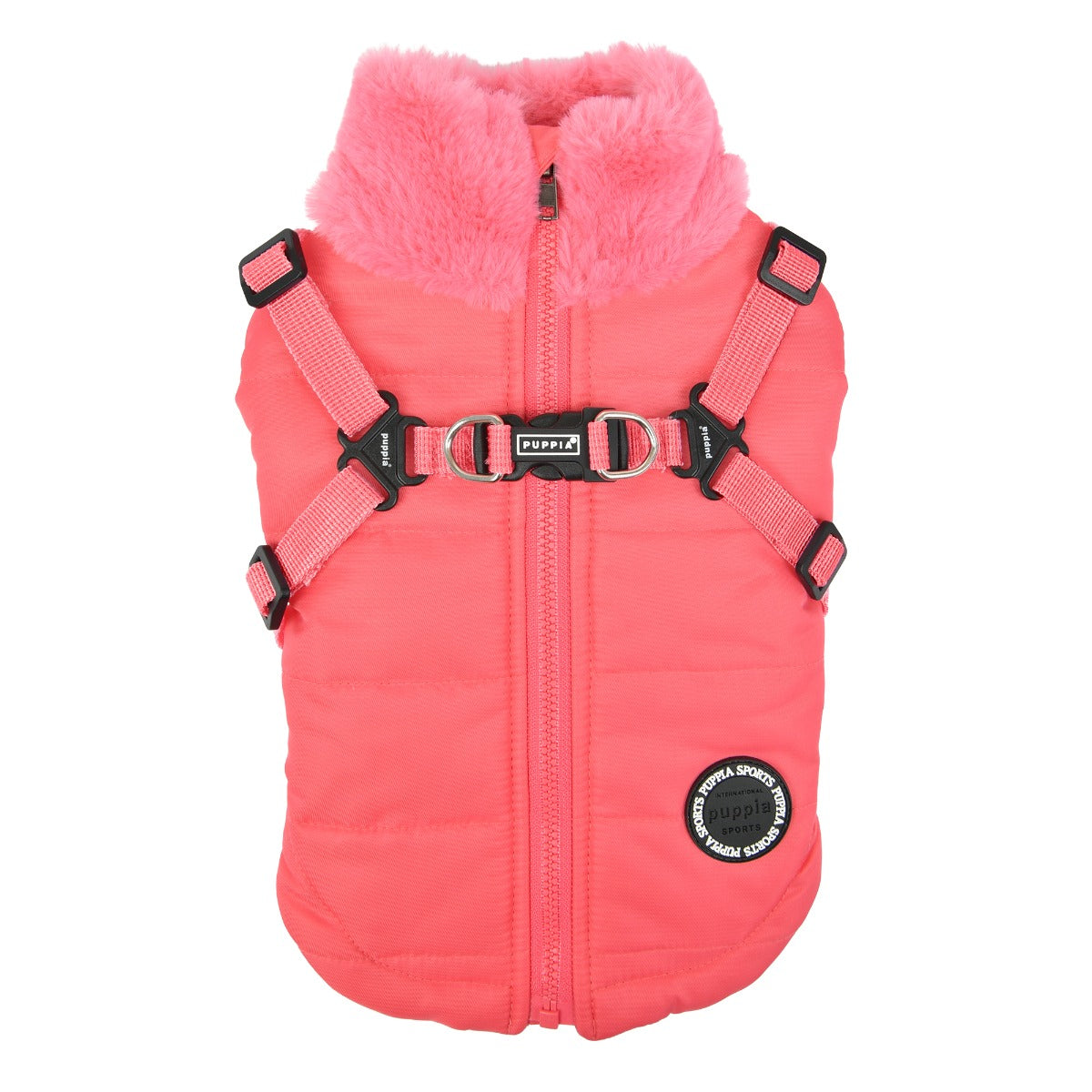 Pink dog vest with a fluffy hood on a white background