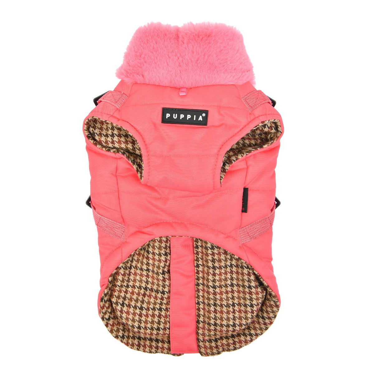 Pink dog vest with houndstooth pattern on a white background