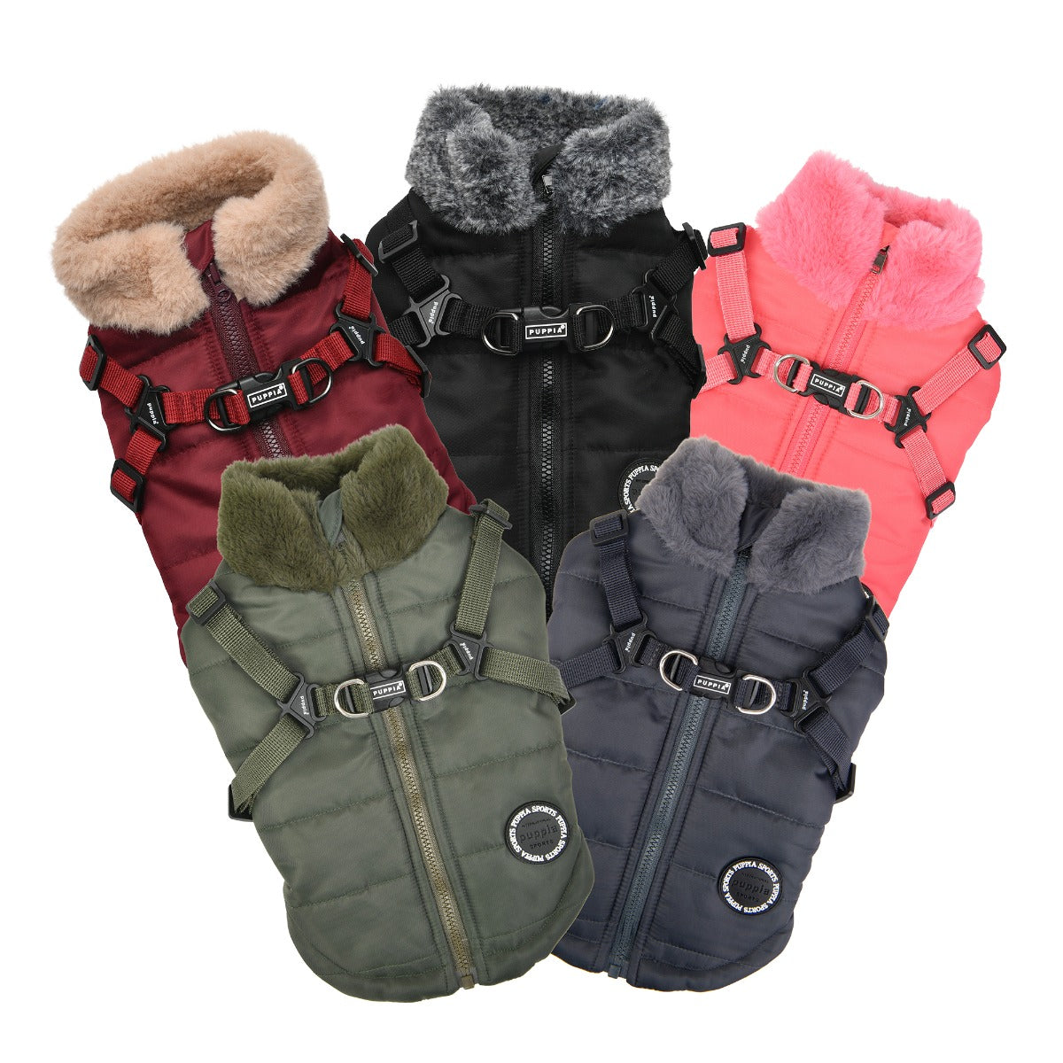 Five dog vests in red, black, green, gray, and pink with fur collars on a white background.